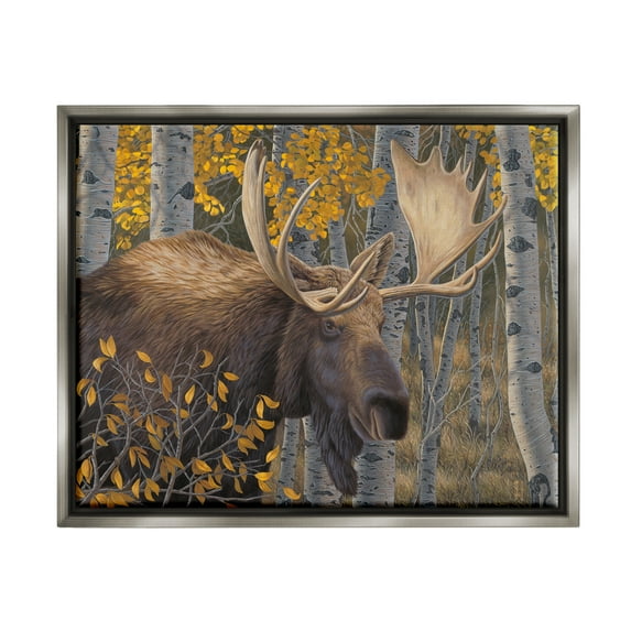 Stupell Industries Moose in Fall Foliage Animals & Insects Painting Gray Floater Framed Canvas Art Print Wall Art, 31 x 25
