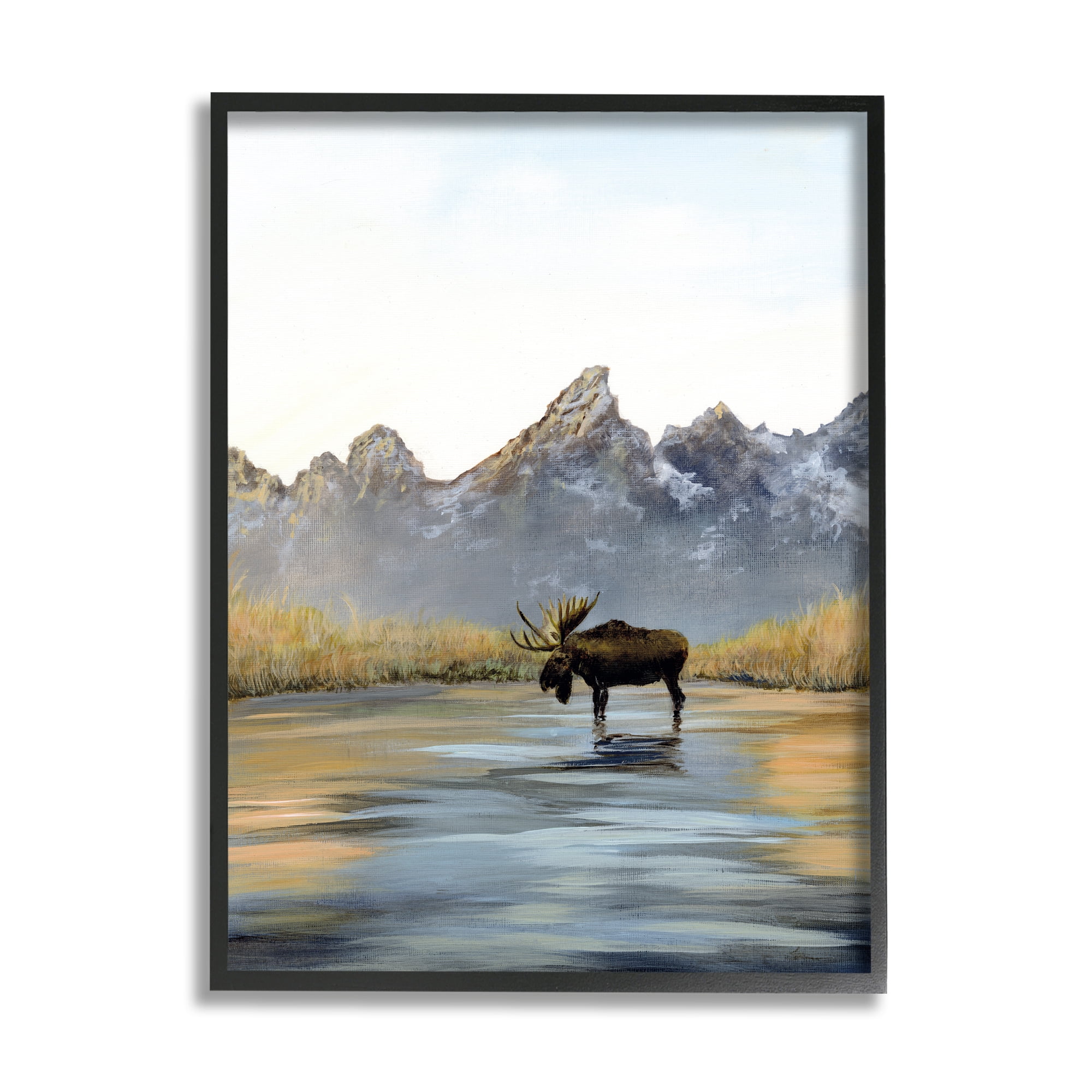 Stupell Industries Moose in Lake Scenery Nature Painting Black Framed Art Print Wall Art, 16 x 20