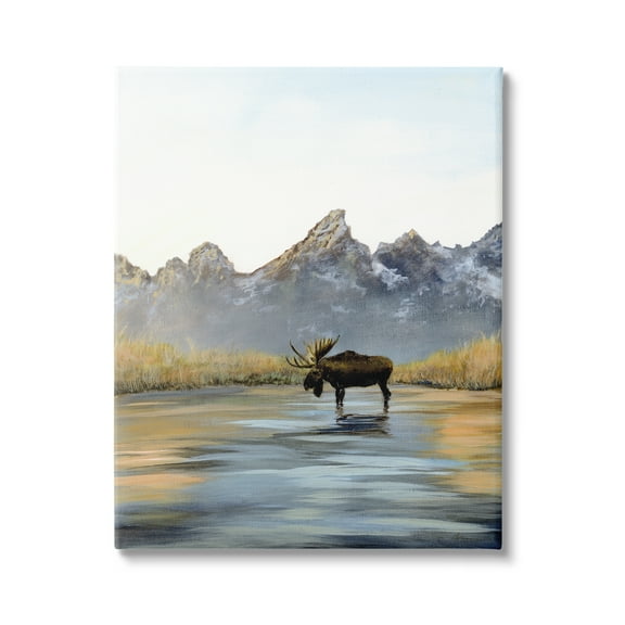 Stupell Industries Moose in Lake Scenery Nature Painting Gallery Wrapped Canvas Print Wall Art, 24 x 30