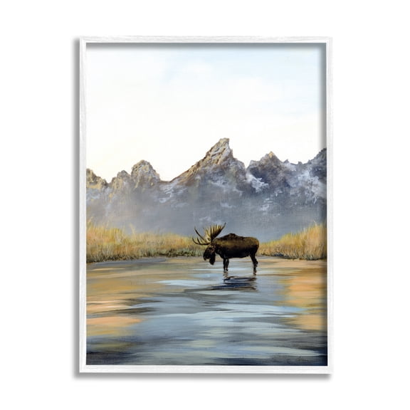 Stupell Industries Moose in Lake Scenery Nature Painting White Framed Art Print Wall Art, 11 x 14