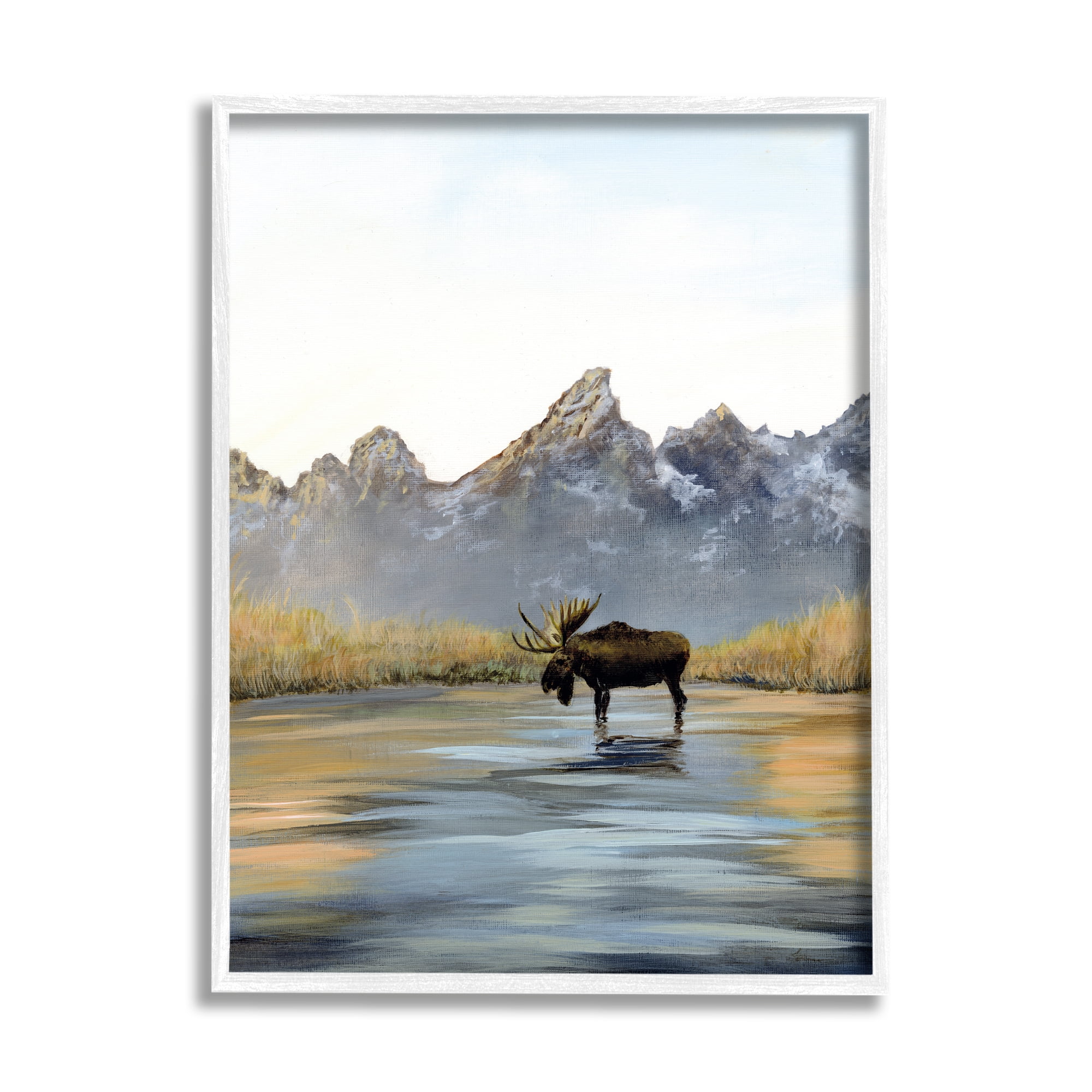 Stupell Industries Moose in Lake Scenery Nature Painting White Framed Art Print Wall Art, 24 x 30