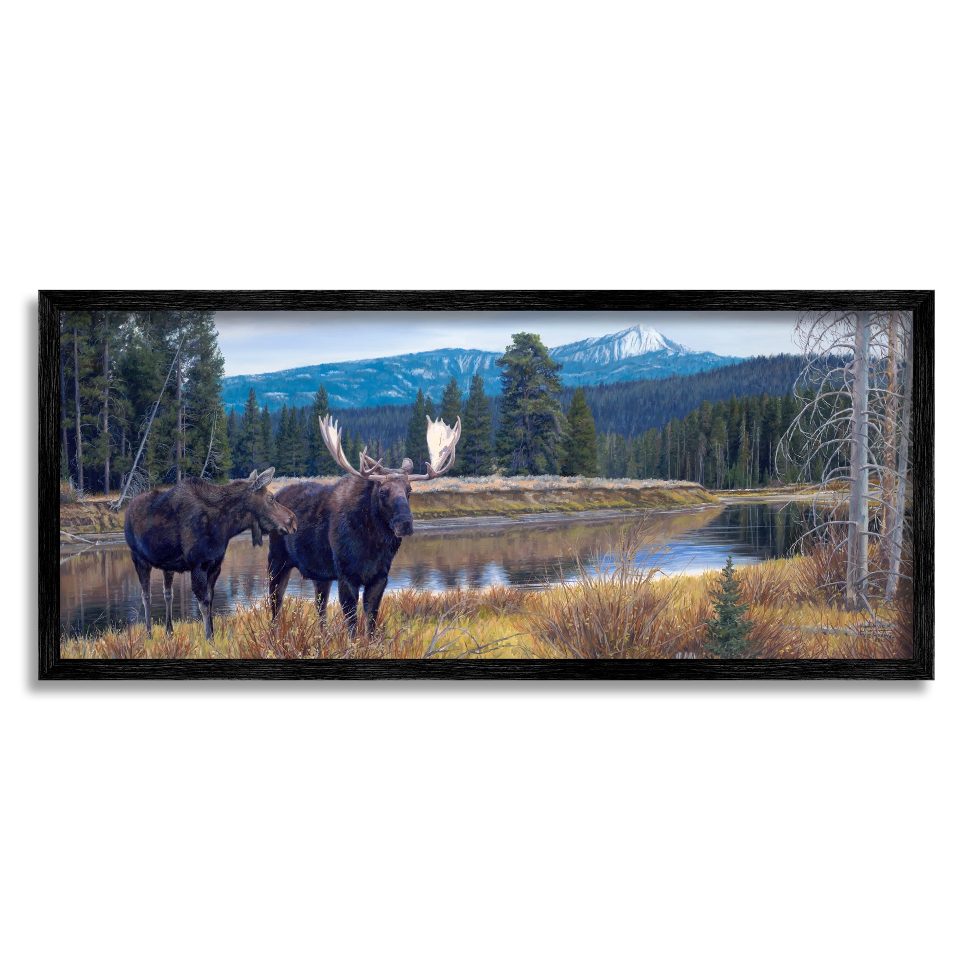 Stupell Industries Moose in River Mountain Scene Animals & Insects Painting Black Framed Art Print Wall Art