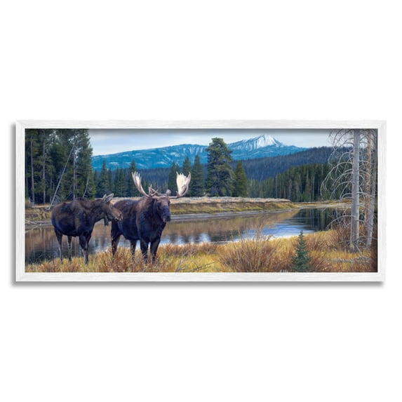 Stupell Industries Moose in River Mountain Scene Animals & Insects Painting White Framed Art Print Wall Art