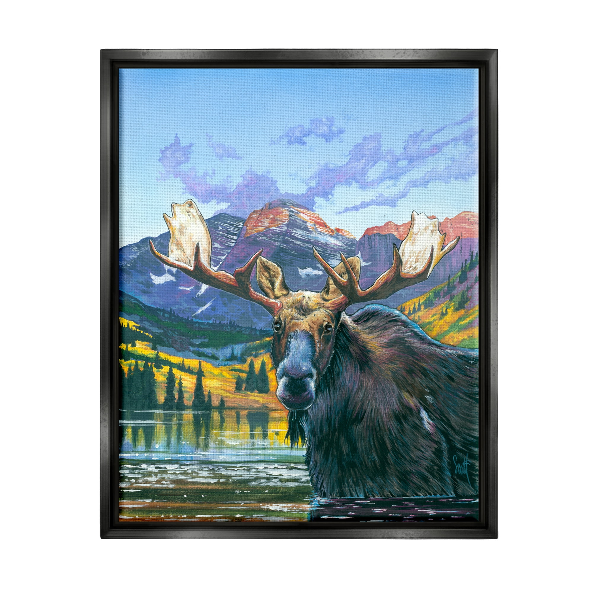 Stupell Industries Moose in River Painting Animals & Insects Painting Black Floater Framed Art Print Wall Art, 17 x 21