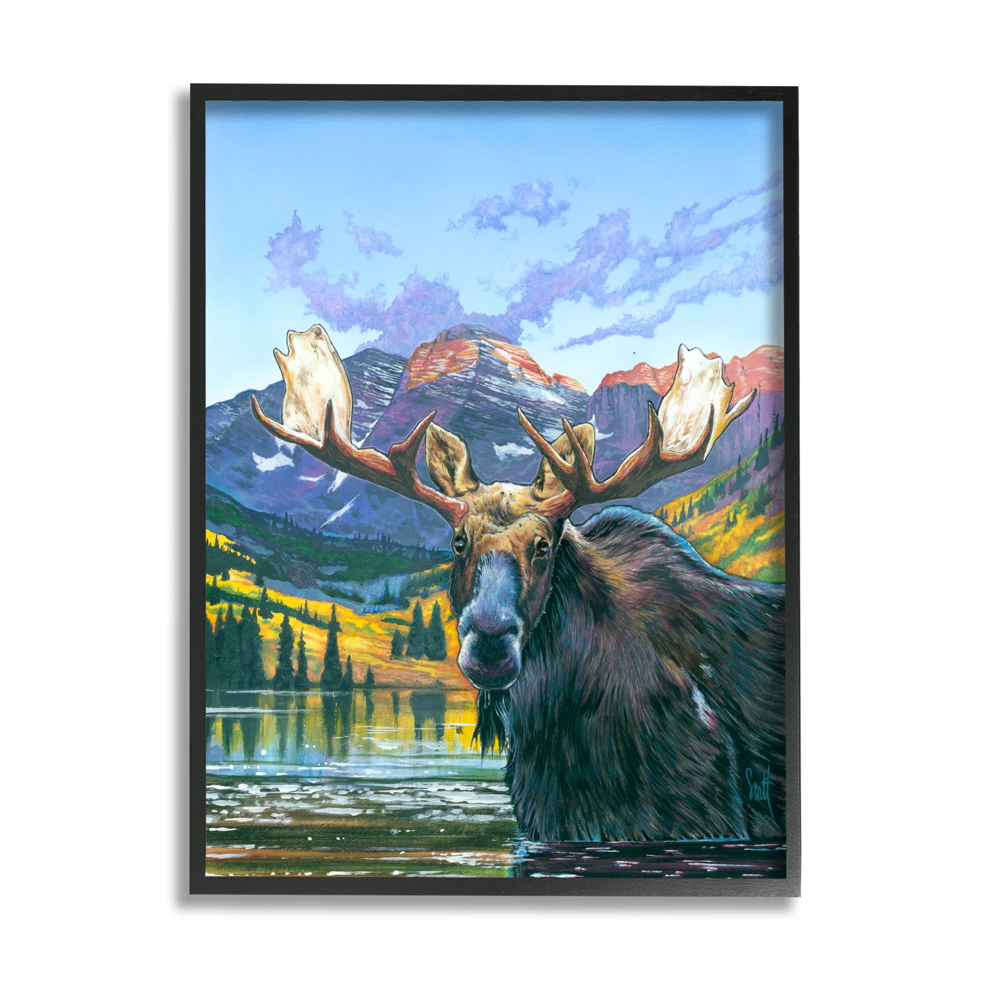 Stupell Industries Moose in River Painting Animals & Insects Painting Black Framed Art Print Wall Art, 11 x 14