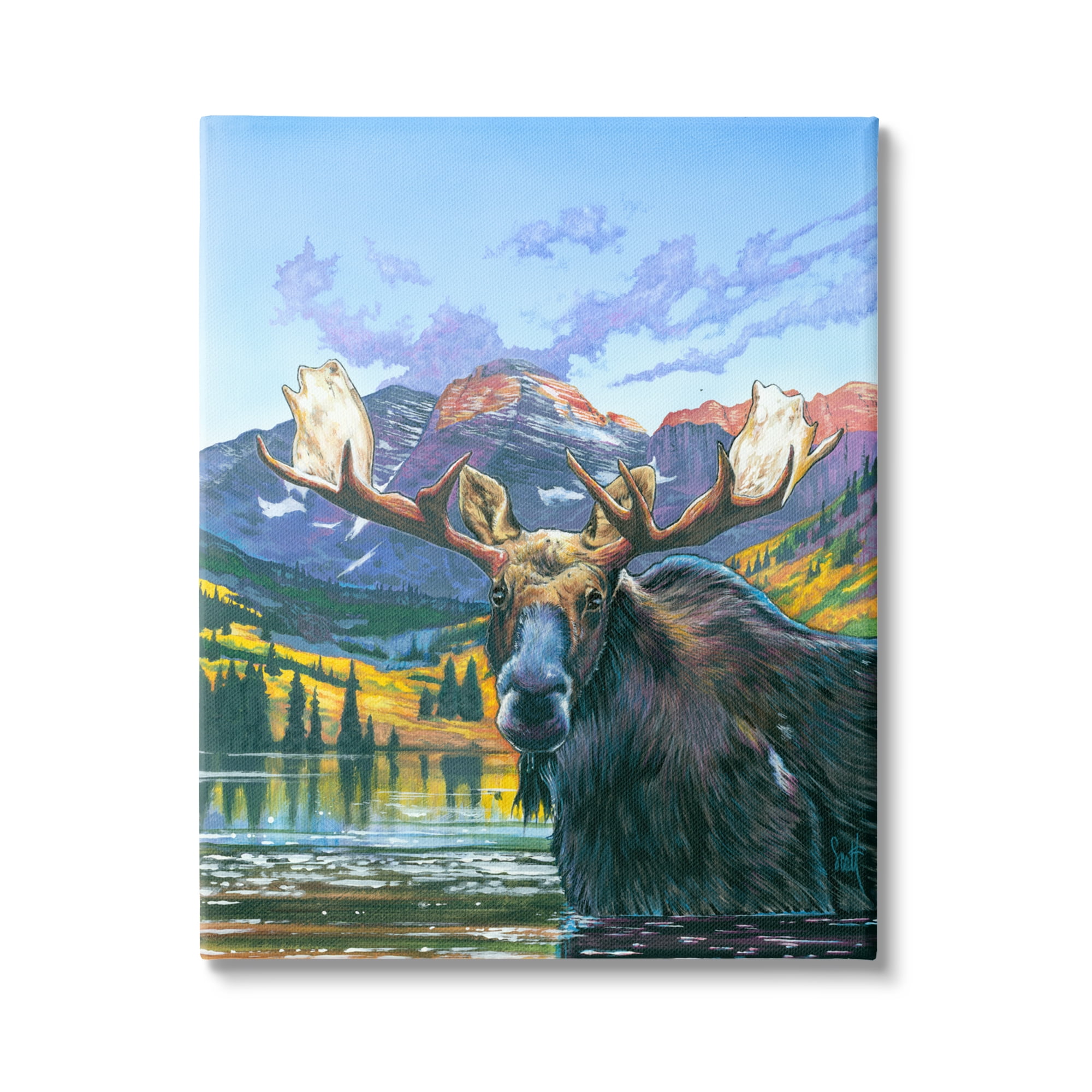 Stupell Industries Moose in River Painting Animals & Insects Painting Gallery Wrapped Canvas Print Wall Art, 24 x 30