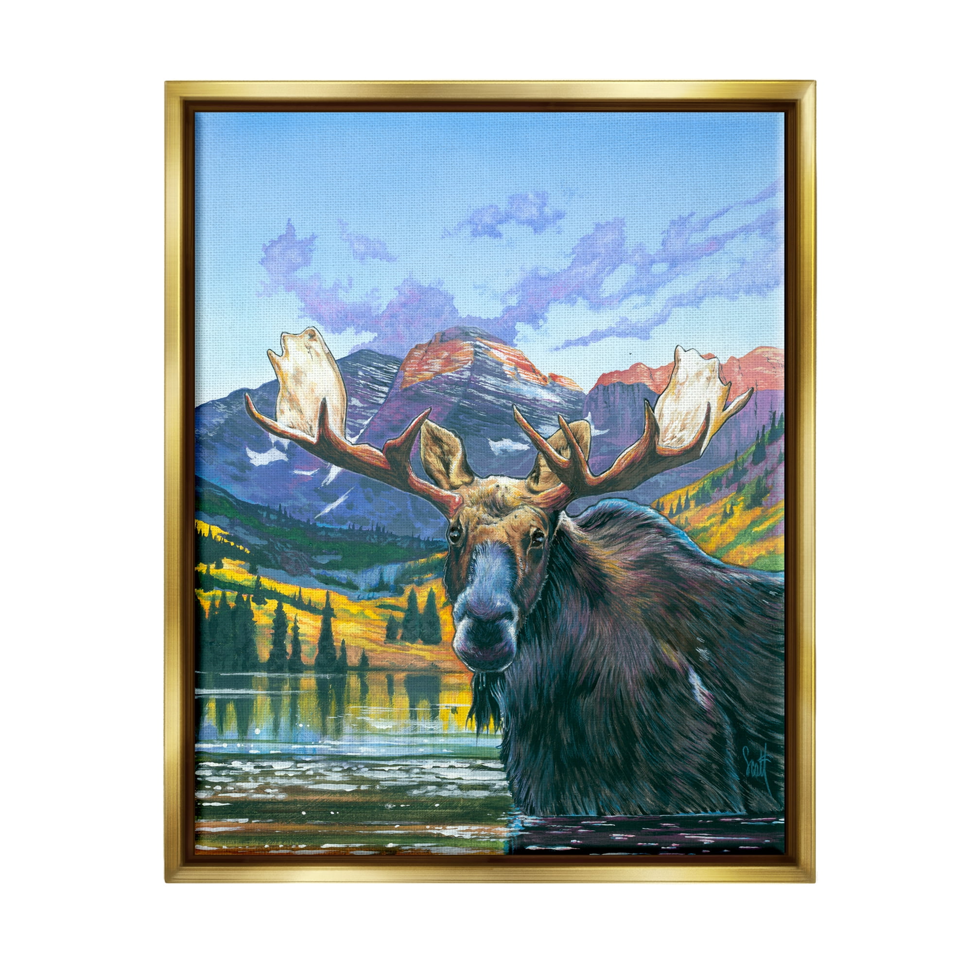 Stupell Industries Moose in River Painting Animals & Insects Painting Gold Floater Framed Art Print Wall Art, 17 x 21