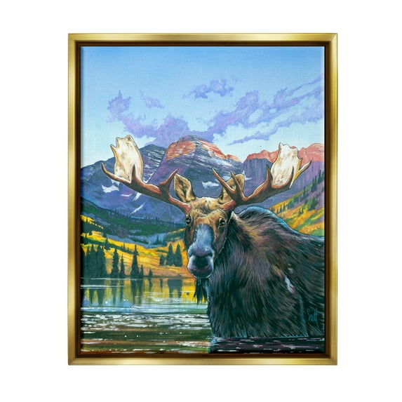 Stupell Industries Moose in River Painting Animals & Insects Painting Gold Floater Framed Art Print Wall Art, 25 x 31