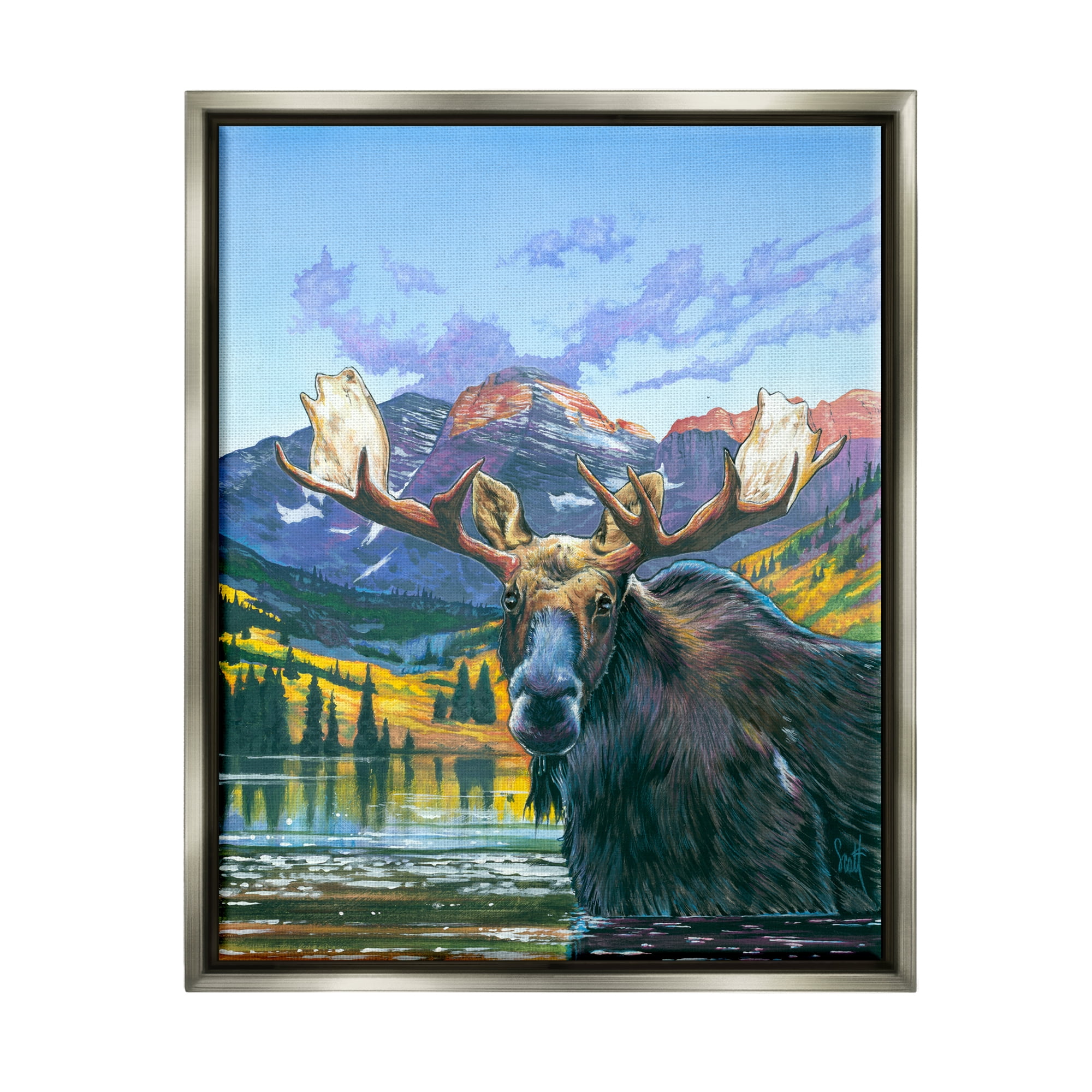 Stupell Industries Moose in River Painting Animals & Insects Painting Gray Floater Framed Art Print Wall Art, 25 x 31