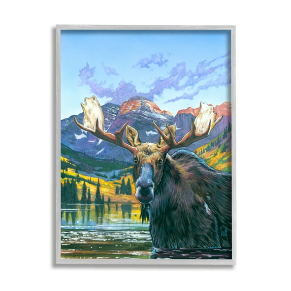 Stupell Industries Moose in River Painting Animals & Insects Painting Gray Framed Art Print Wall Art, 16 x 20