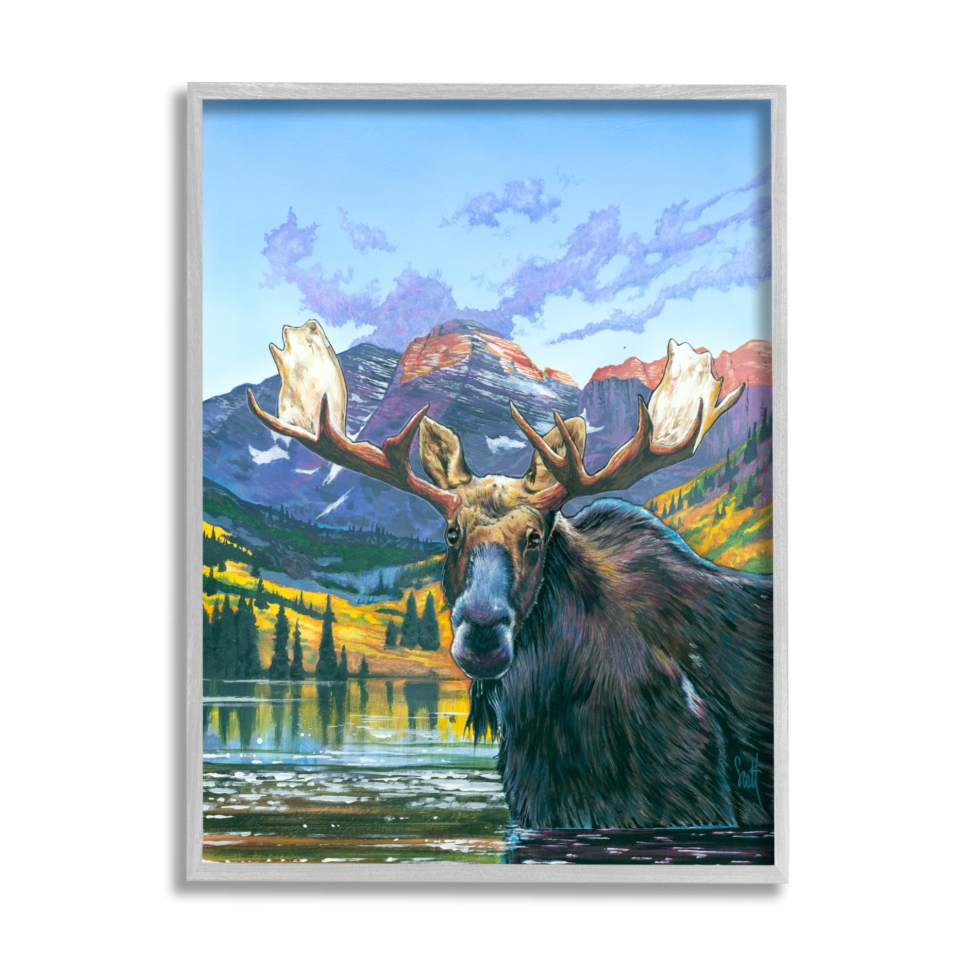 Stupell Industries Moose in River Painting Animals & Insects Painting Gray Framed Art Print Wall Art, 24 x 30