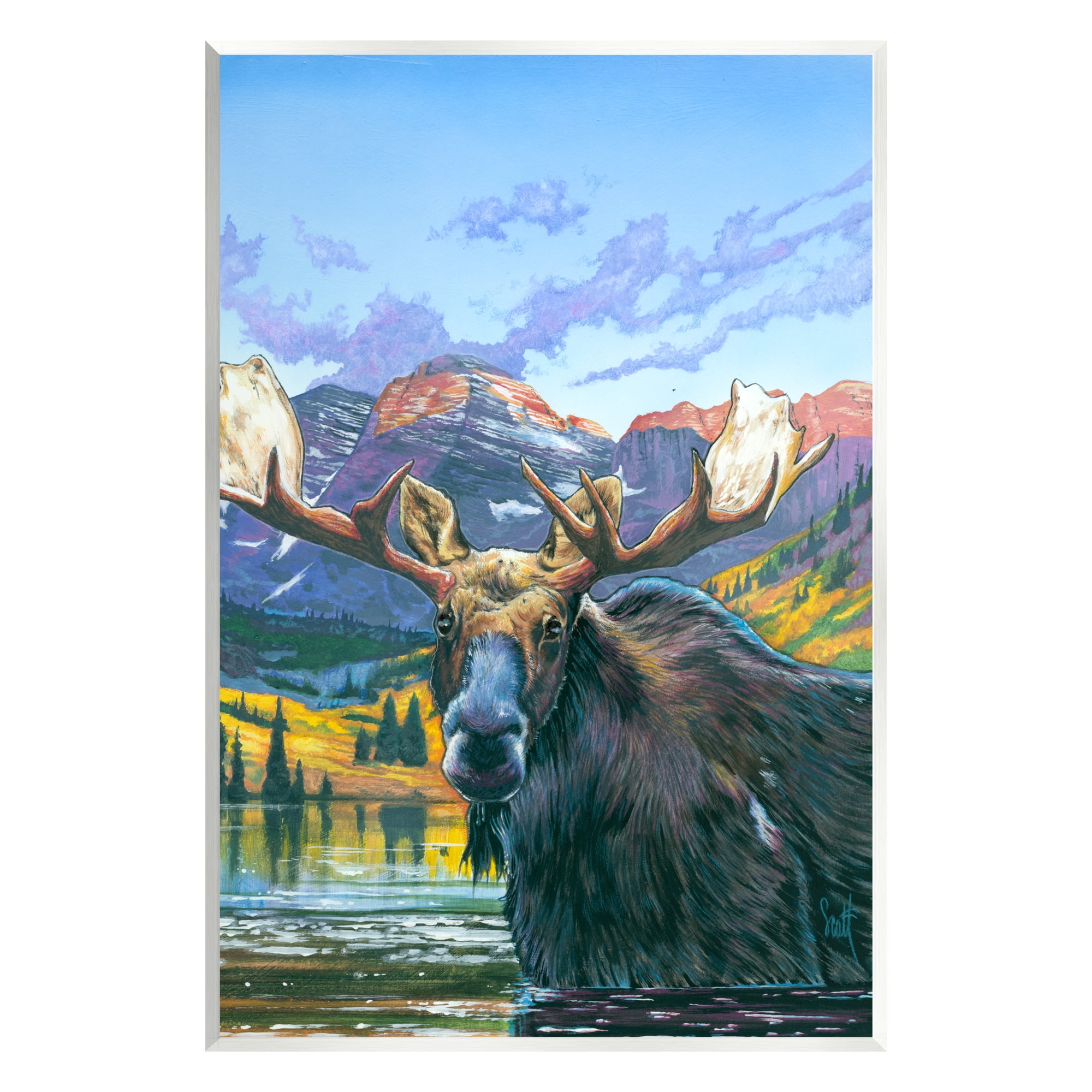 Stupell Industries Moose in River Painting Animals & Insects Painting Unframed Art Print Wall Art, 13 x 19