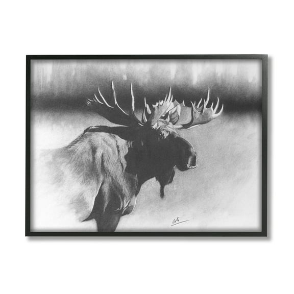 Stupell Industries Moose in Rustic Forest Realistic Pencil Animals & Insects Drawing Black Framed Art Print Wall Art, 11 x 14