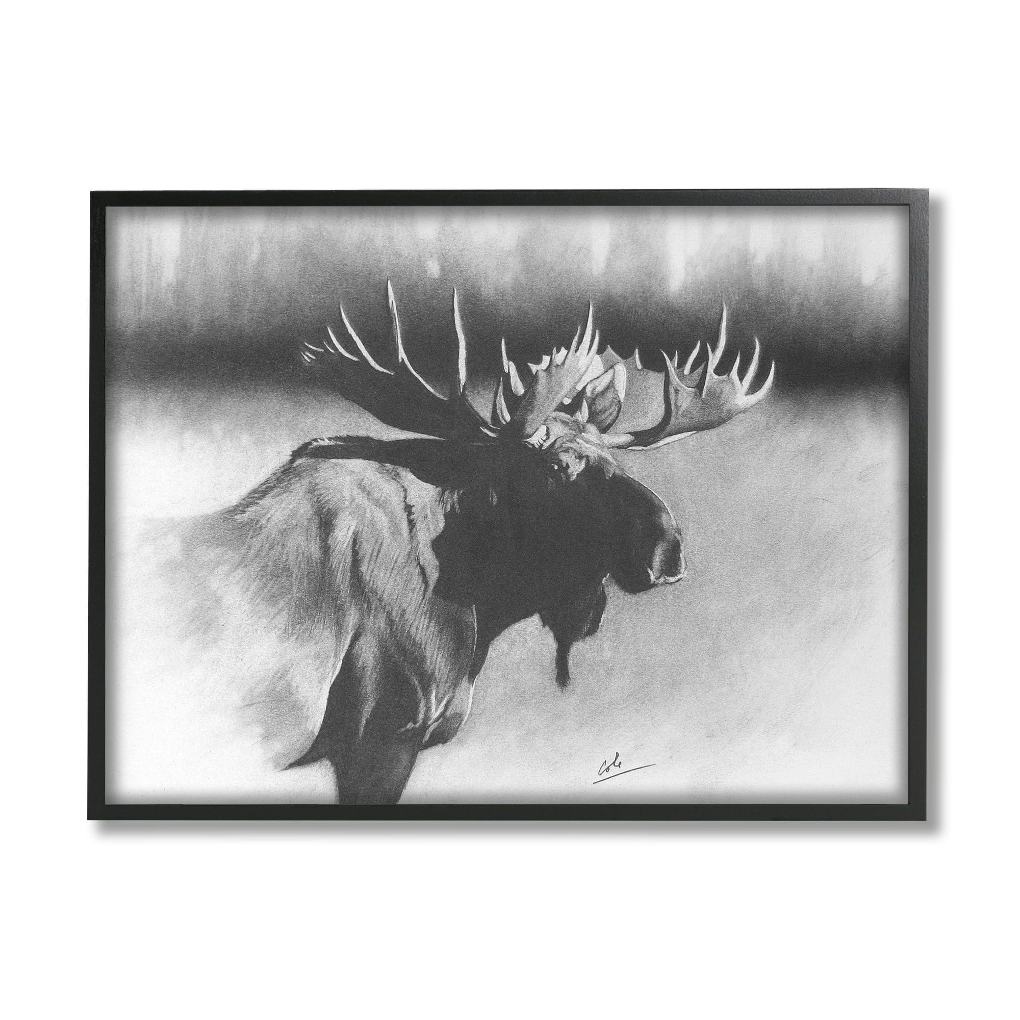 Stupell Industries Moose in Rustic Forest Realistic Pencil Animals & Insects Drawing Black Framed Art Print Wall Art, 24 x 30