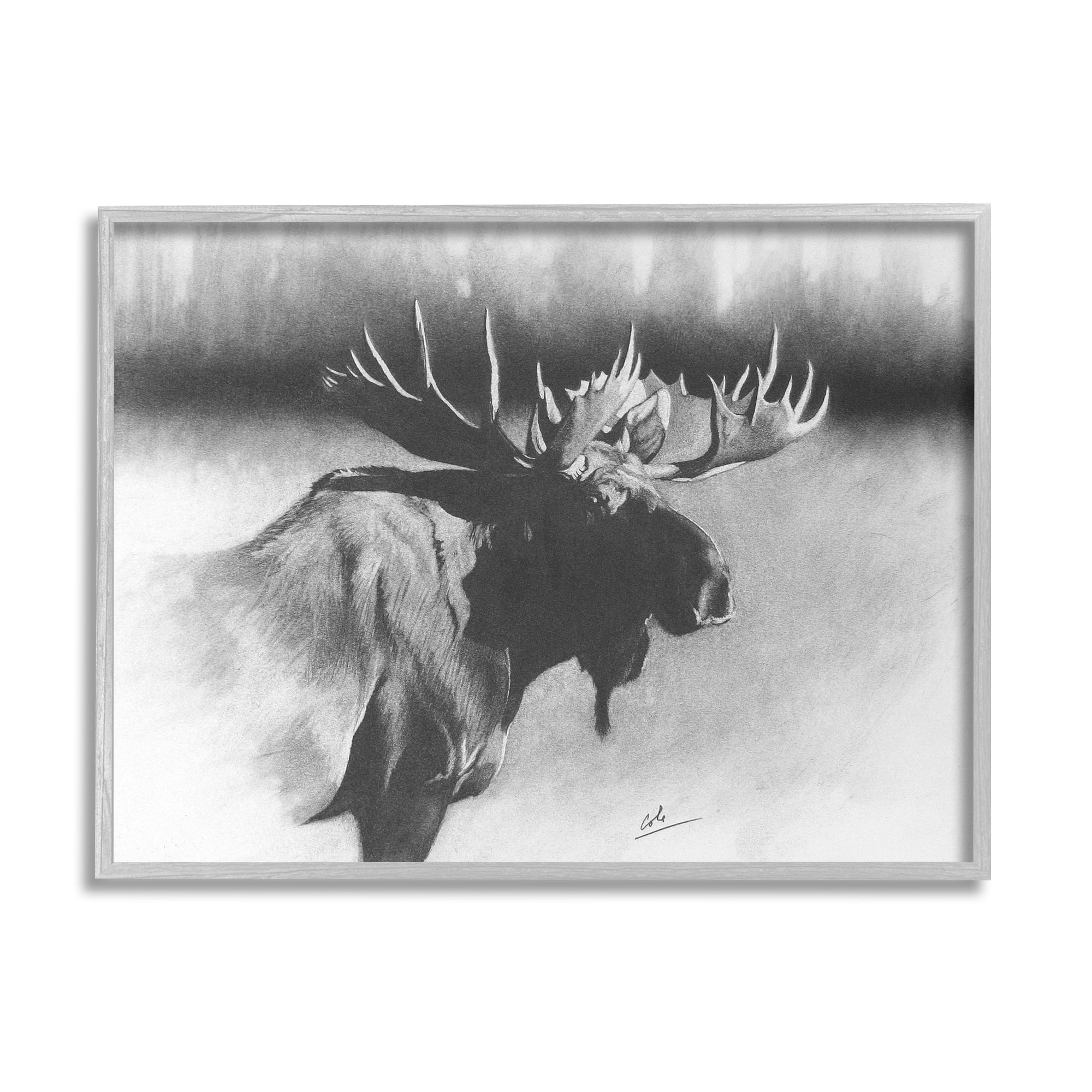 Stupell Industries Moose in Rustic Forest Realistic Pencil Animals & Insects Drawing Gray Framed Art Print Wall Art, 24 x 30