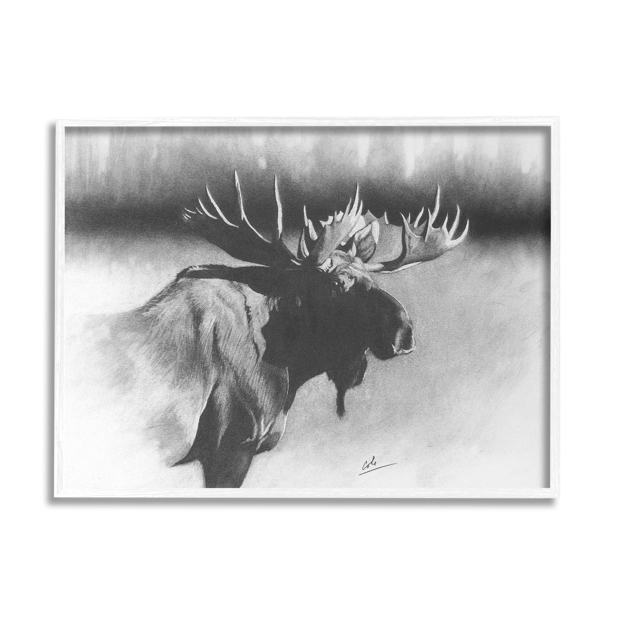 Stupell Industries Moose in Rustic Forest Realistic Pencil Animals & Insects Drawing White Framed Art Print Wall Art, 24 x 30