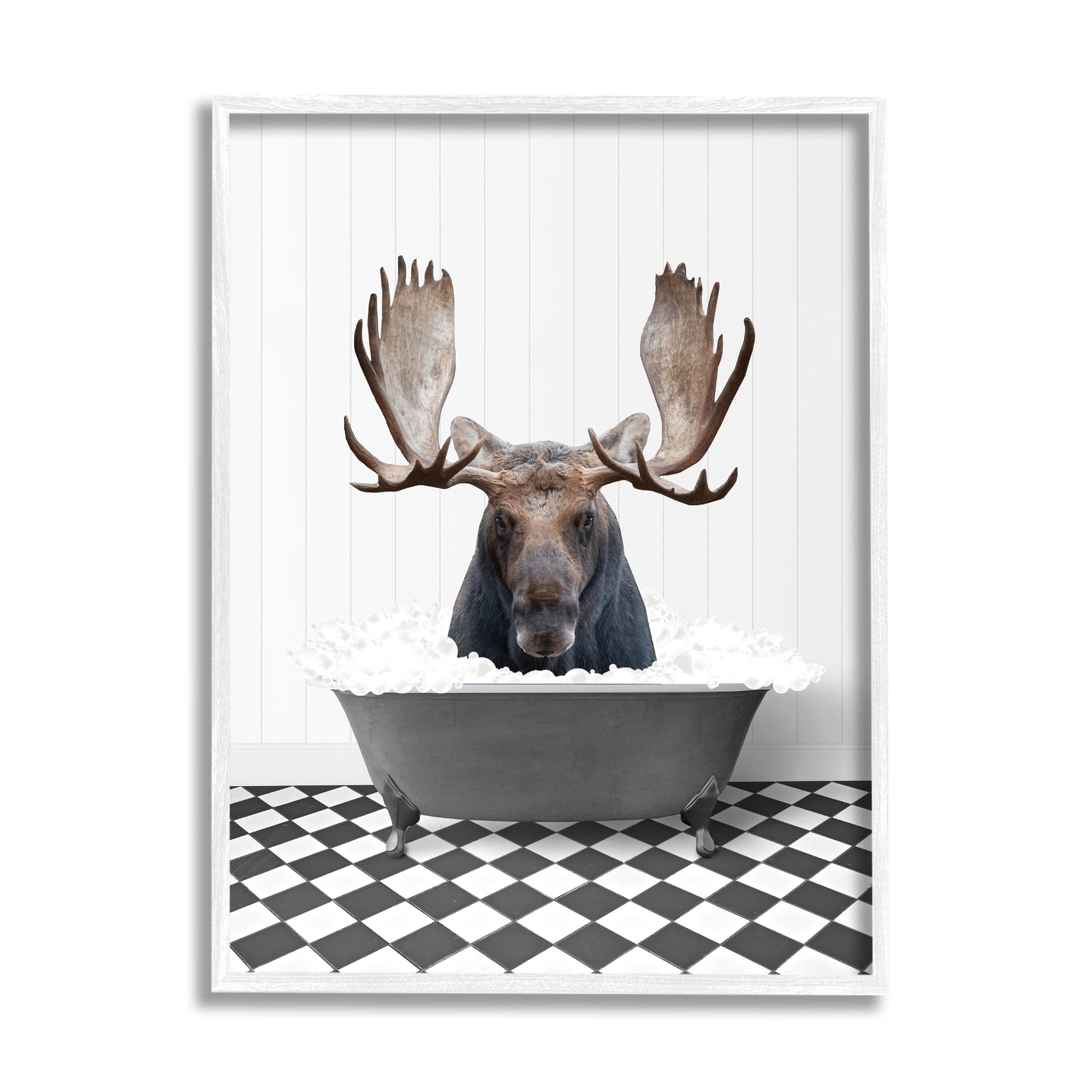 Stupell Industries Moose in Vintage Bath Animals & Insects Painting White Framed Art Print Wall Art, 16 x 20