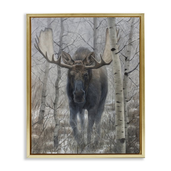 Stupell Industries Moose in Winter Birch Forest Gold Framed Floater Canvas Wall Art, design by James Corwin