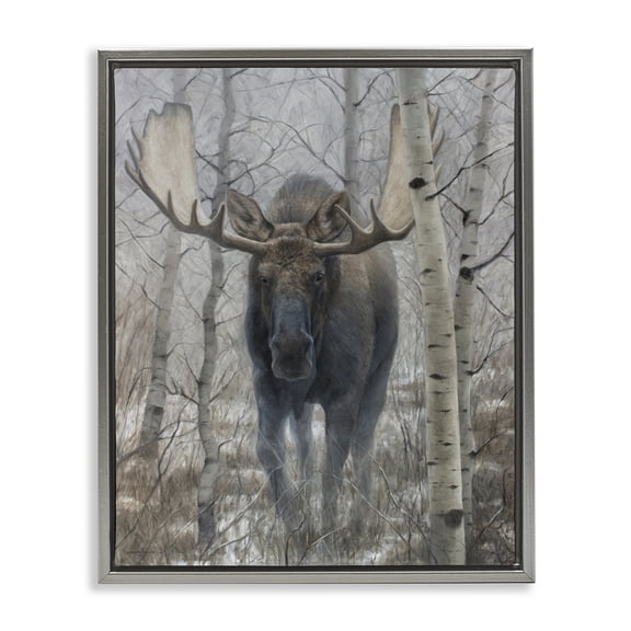 Stupell Industries Moose in Winter Birch Forest Gray Framed Floater Canvas Wall Art, design by James Corwin