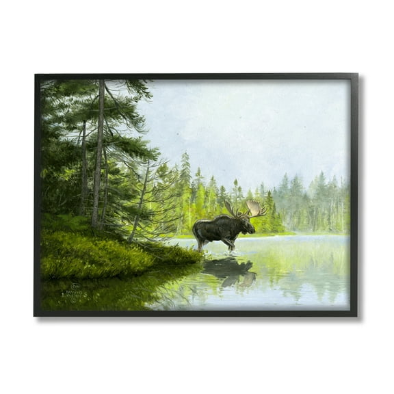 Stupell Industries Moose in Woodland Pond Nature Painting Black Framed Art Print Wall Art, 14 x 11