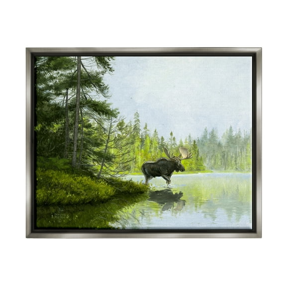 Stupell Industries Moose in Woodland Pond Nature Painting Gray Floater Framed Art Print Wall Art, 31 x 25
