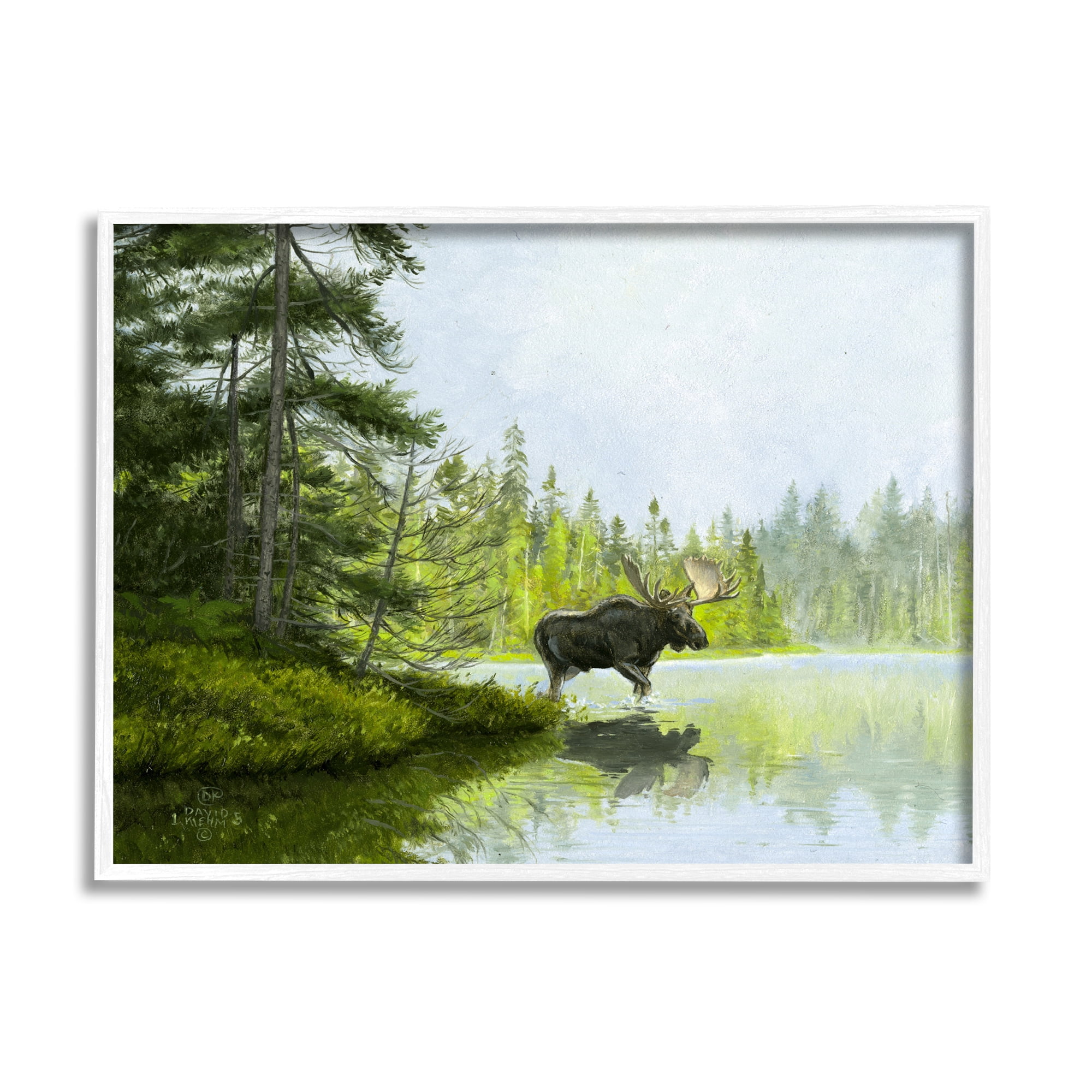 Stupell Industries Moose in Woodland Pond Nature Painting White Framed Art Print Wall Art, 20 x 16
