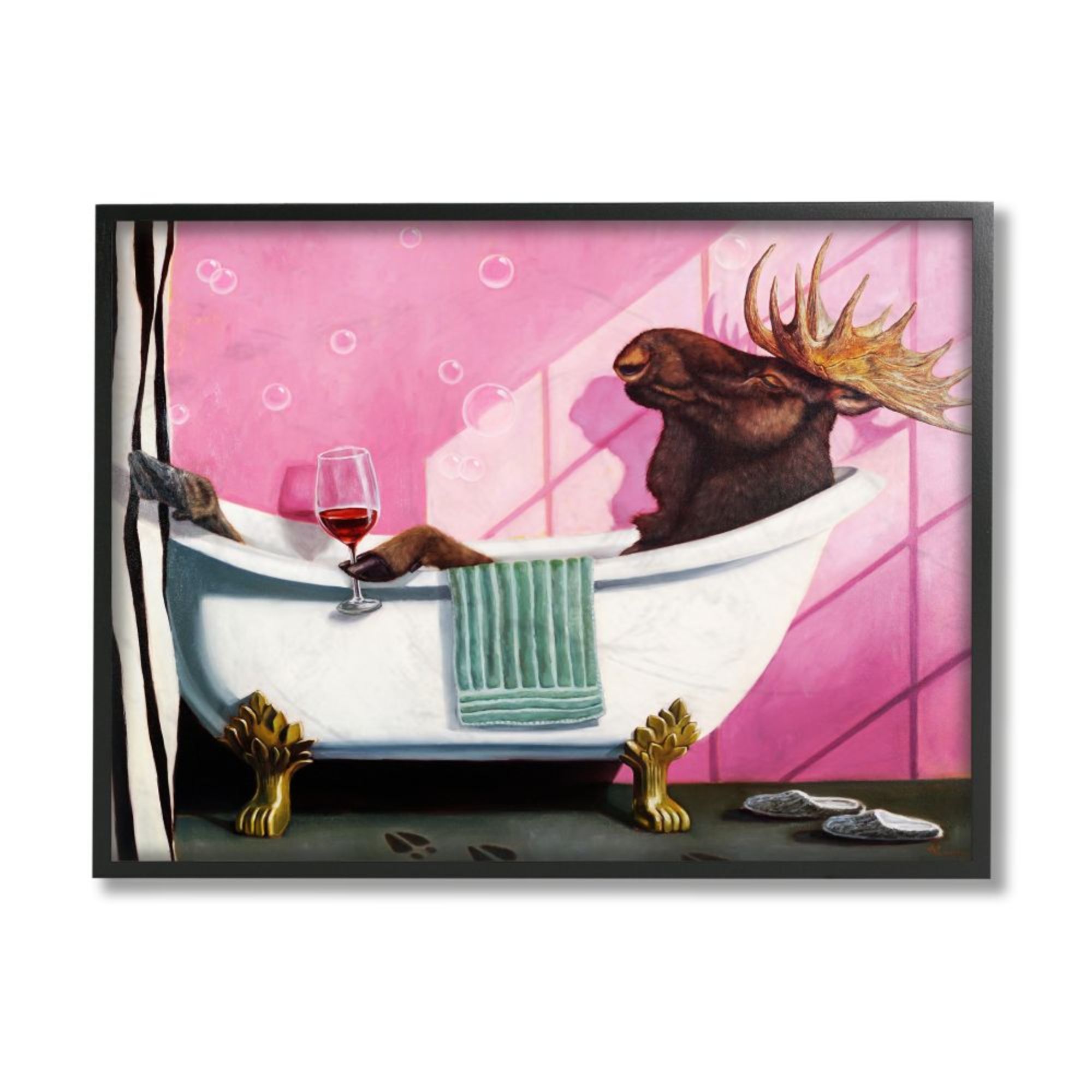 Stupell Industries Moose with Wine Bathroom Claw Tub Relaxation Design by Lucia Heffernan, 11" x 14", Black Framed
