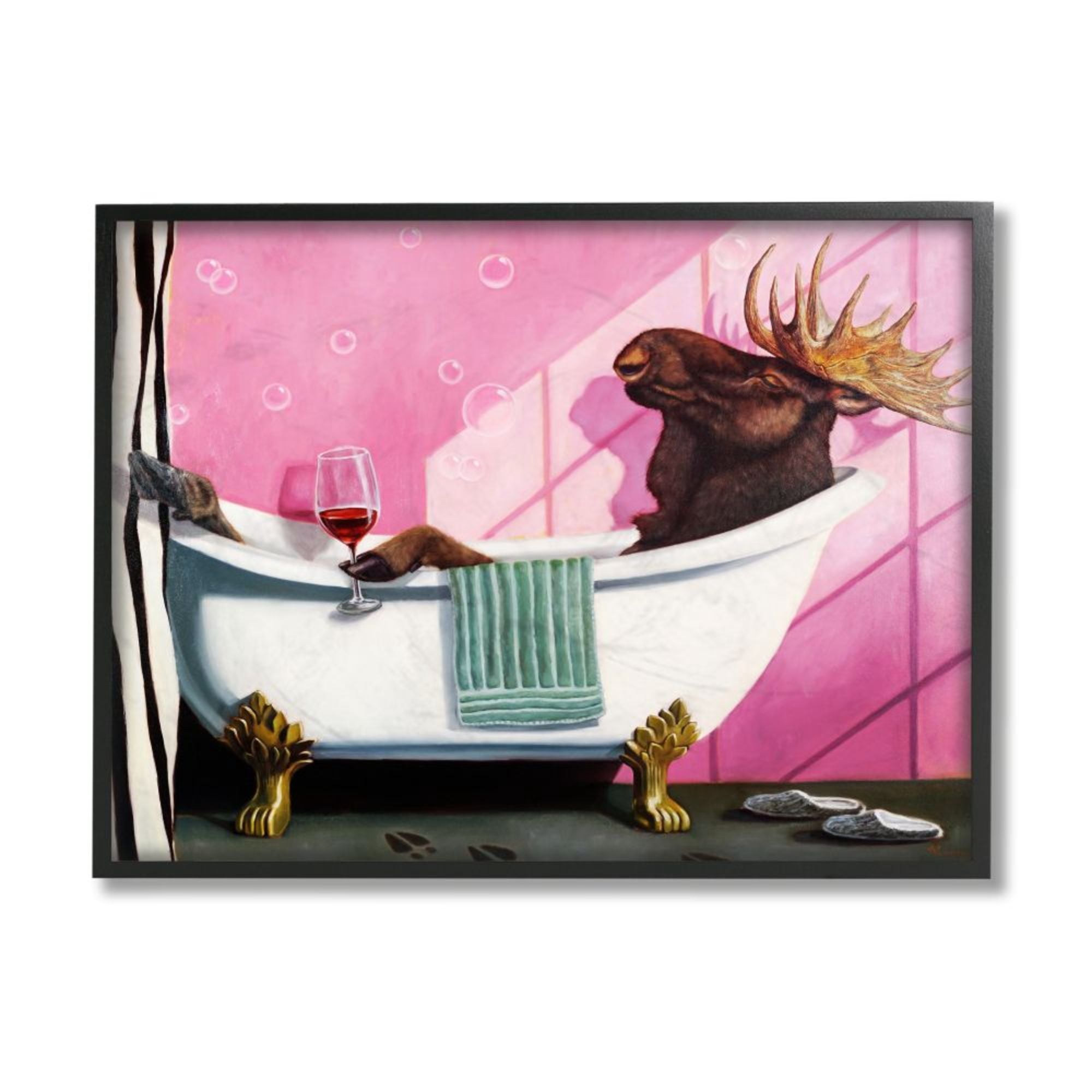 Stupell Industries Moose with Wine Bathroom Claw Tub Relaxation Design by Lucia Heffernan, 16" x 20", Black Framed