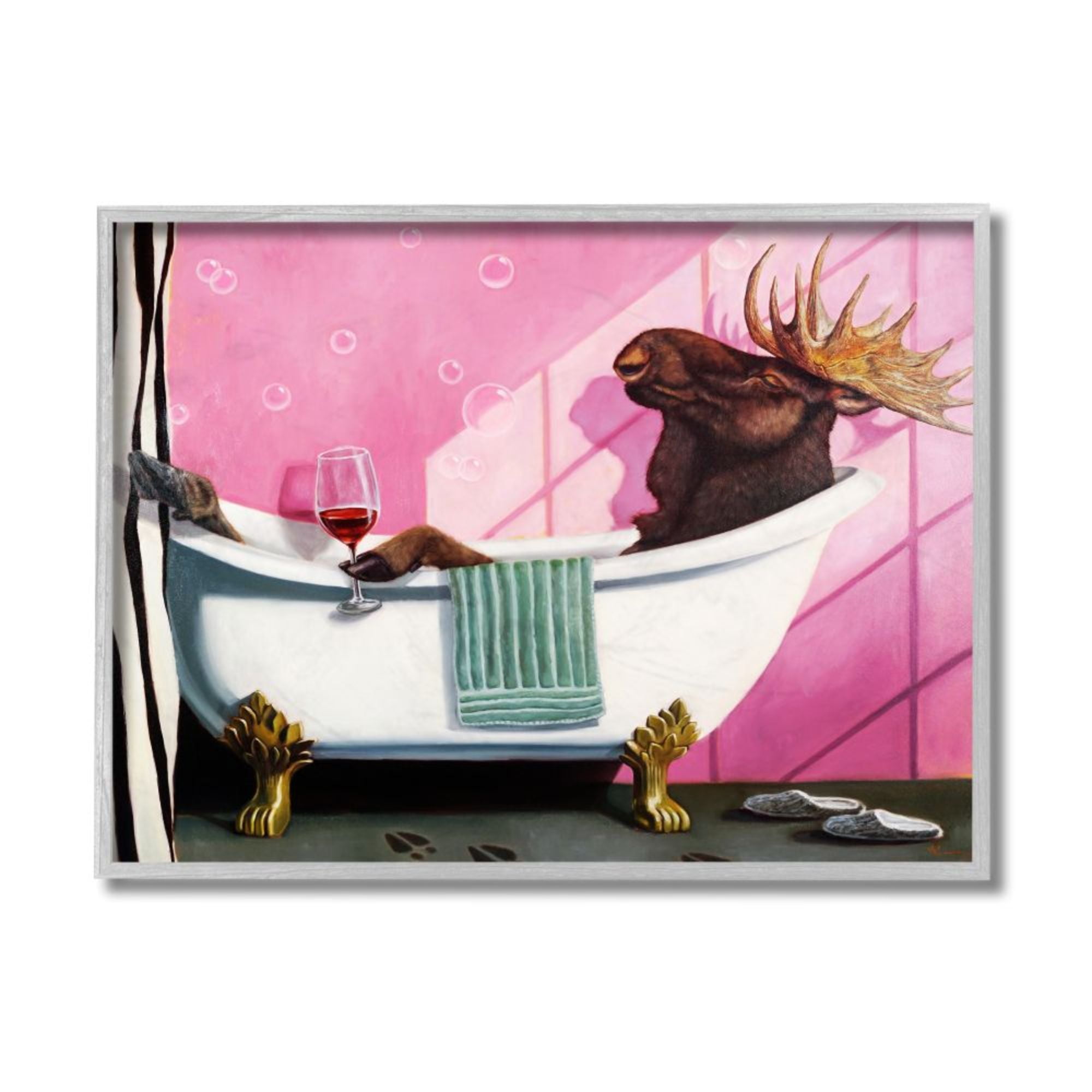Stupell Industries Moose with Wine Bathroom Claw Tub Relaxation Design by Lucia Heffernan, 16" x 20", Gray Framed