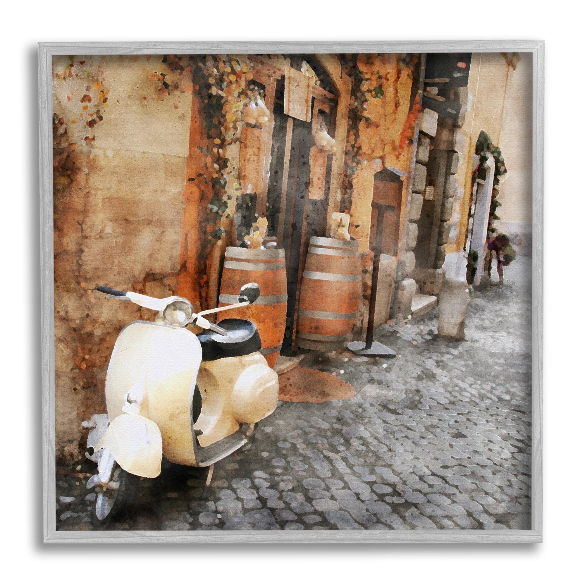 Stupell Industries Moped in Town Alley Travel & Places Painting Gray Framed Art Print Wall Art, 12 x 12