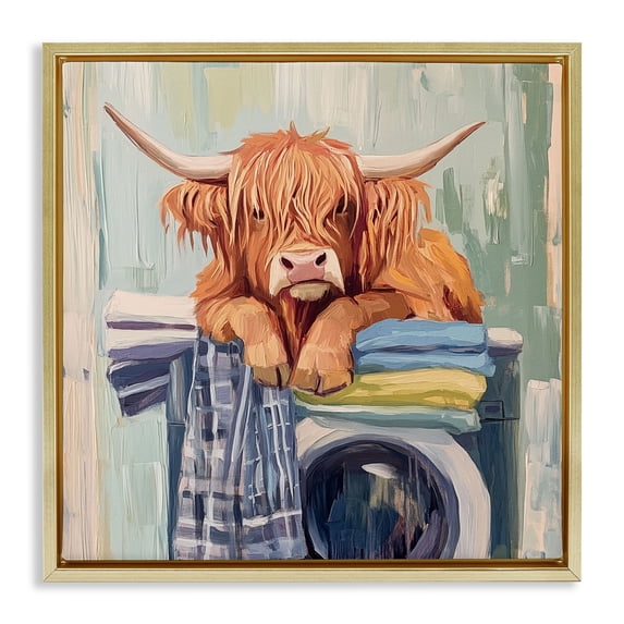 Stupell Industries More Laundry Tired Cow Gold Framed Floater Canvas Wall Art design by Nina Blue, 18 x 18