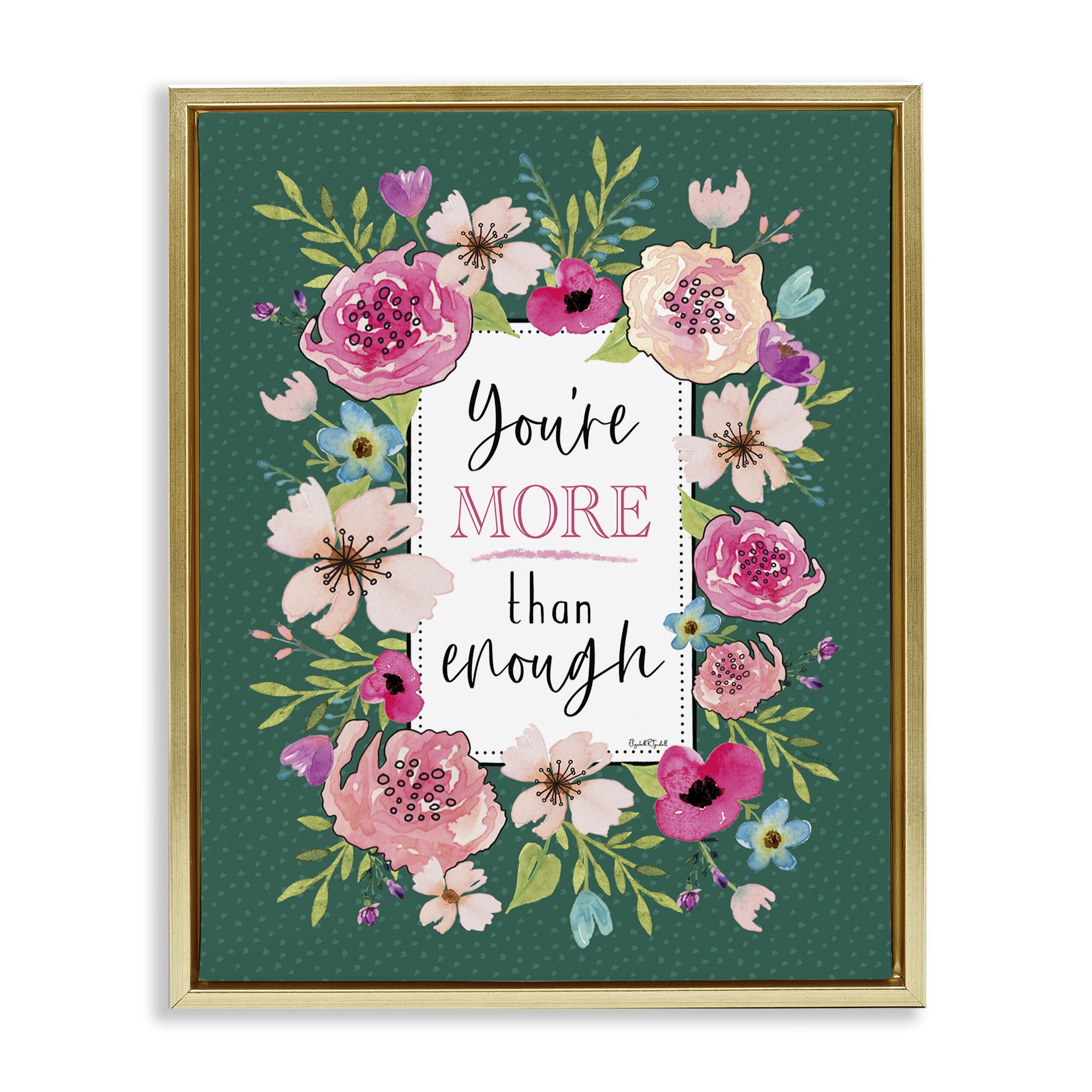 Stupell Industries More Than Enough with Florals Gold Framed Floater Canvas Wall Art, design by Elizabeth Tyndall