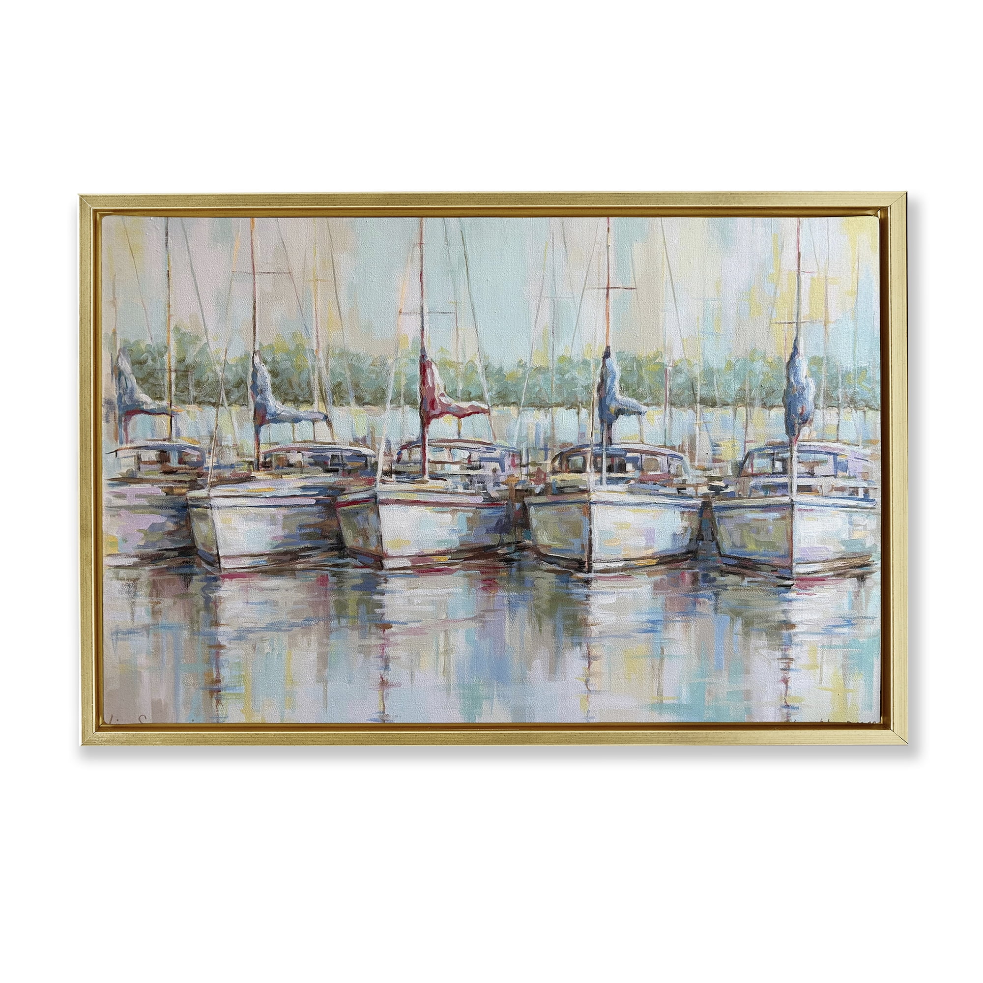 Stupell Industries Morning At The Marina Gold Framed Floater Canvas Wall Art, design by Linda Sperruzzi