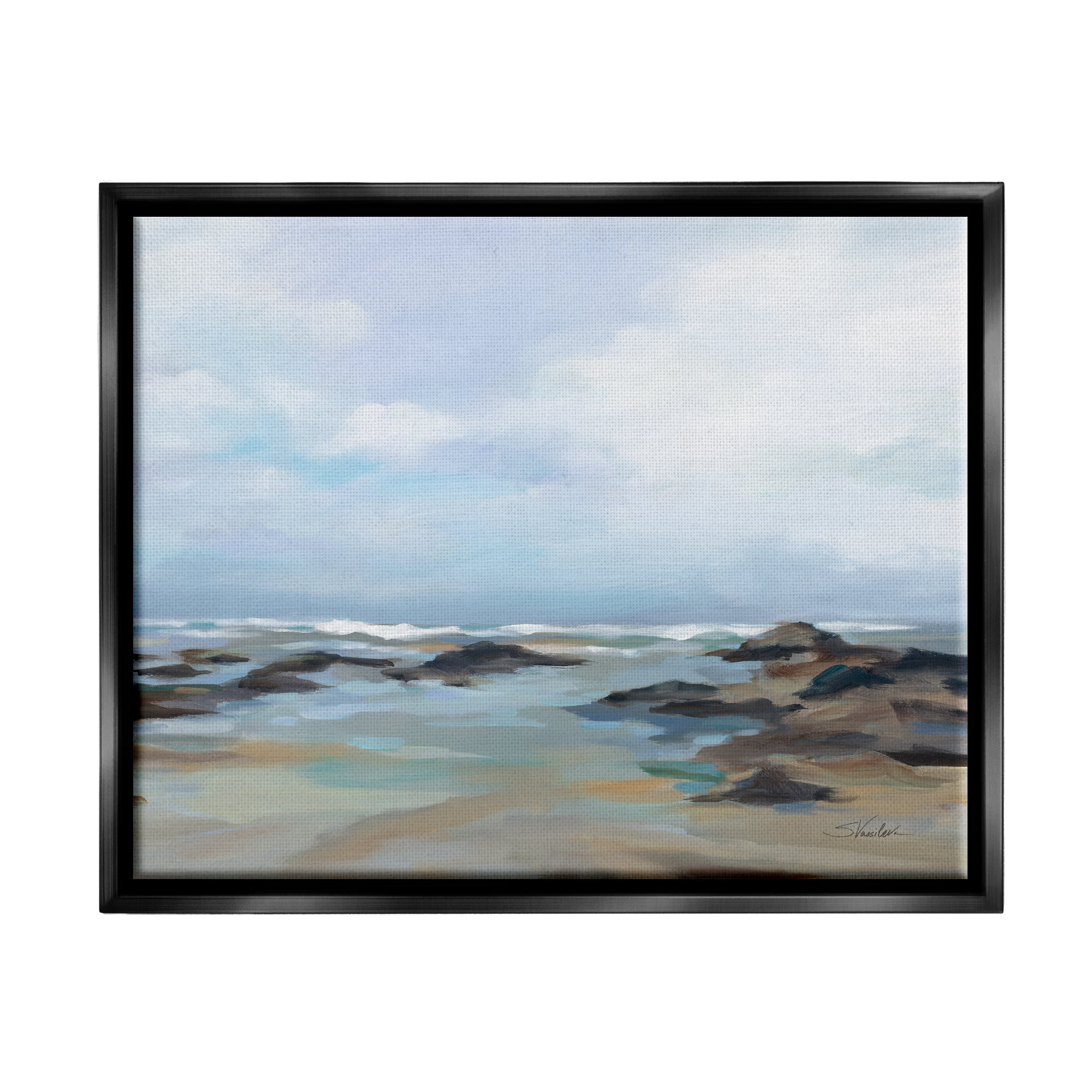 Stupell Industries Morning Beach Painting Nature Painting Black Floater Framed Art Print Wall Art, 31 x 25