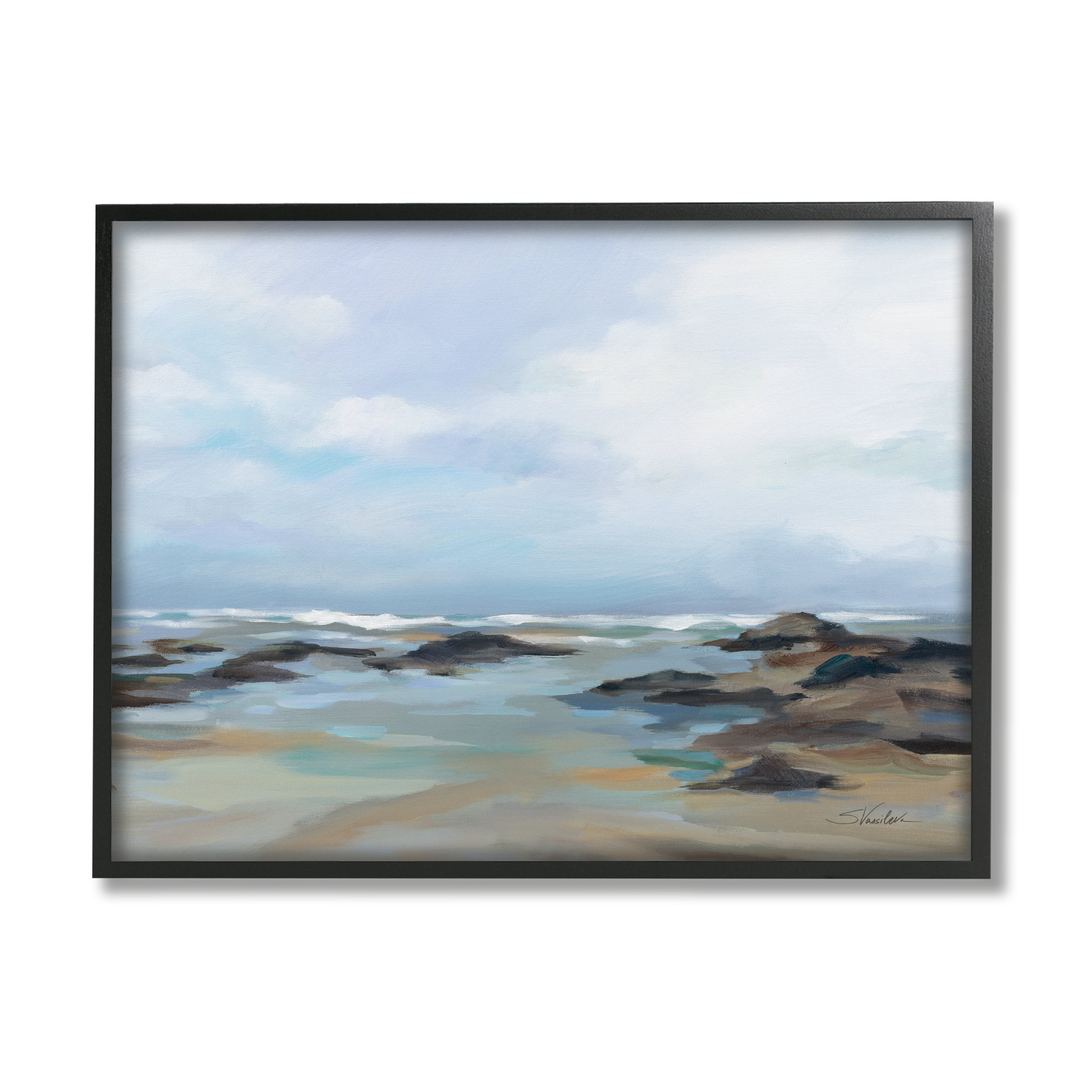 Stupell Industries Morning Beach Painting Nature Painting Black Framed Art Print Wall Art, 20 x 16