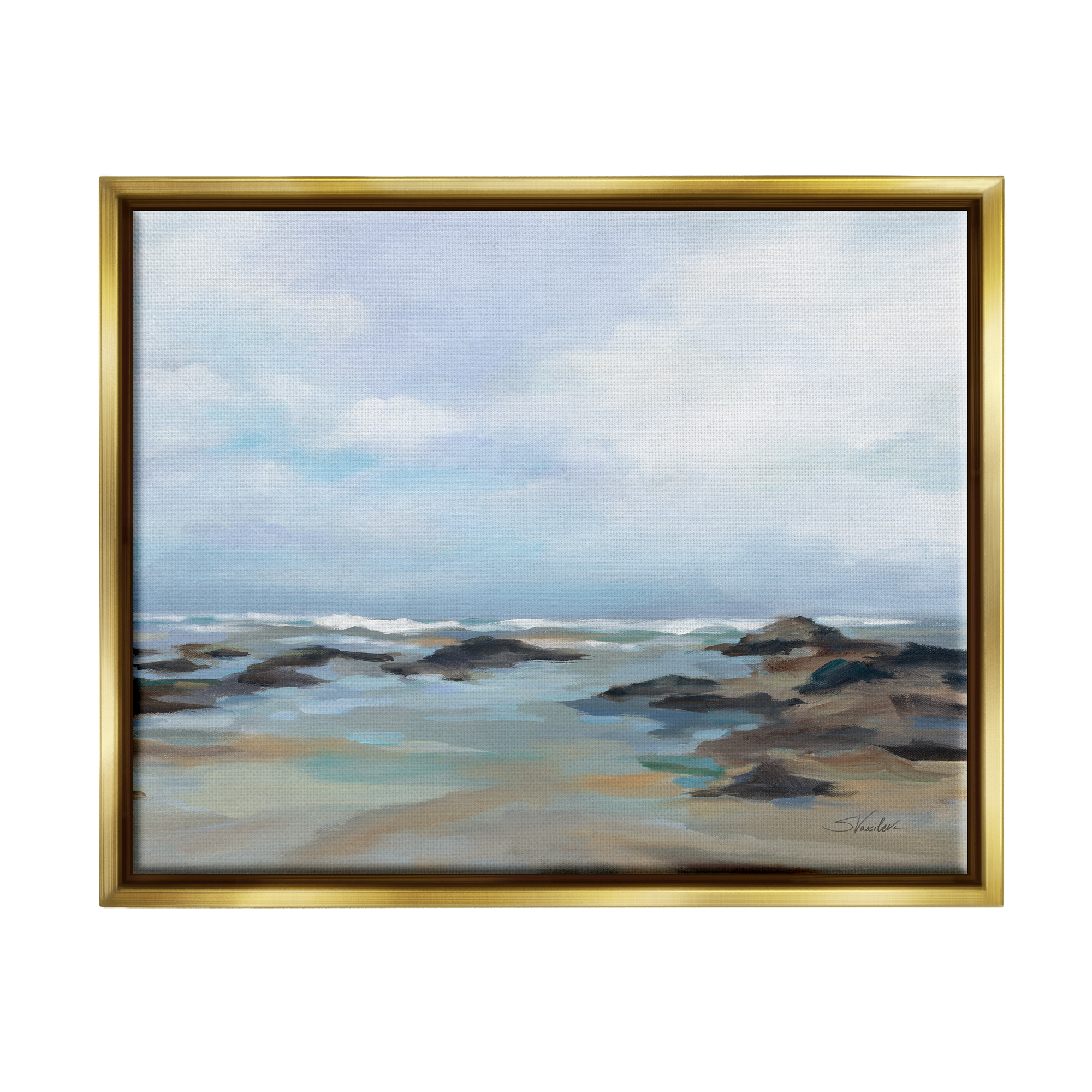Stupell Industries Morning Beach Painting Nature Painting Gold Floater Framed Art Print Wall Art, 21 x 17