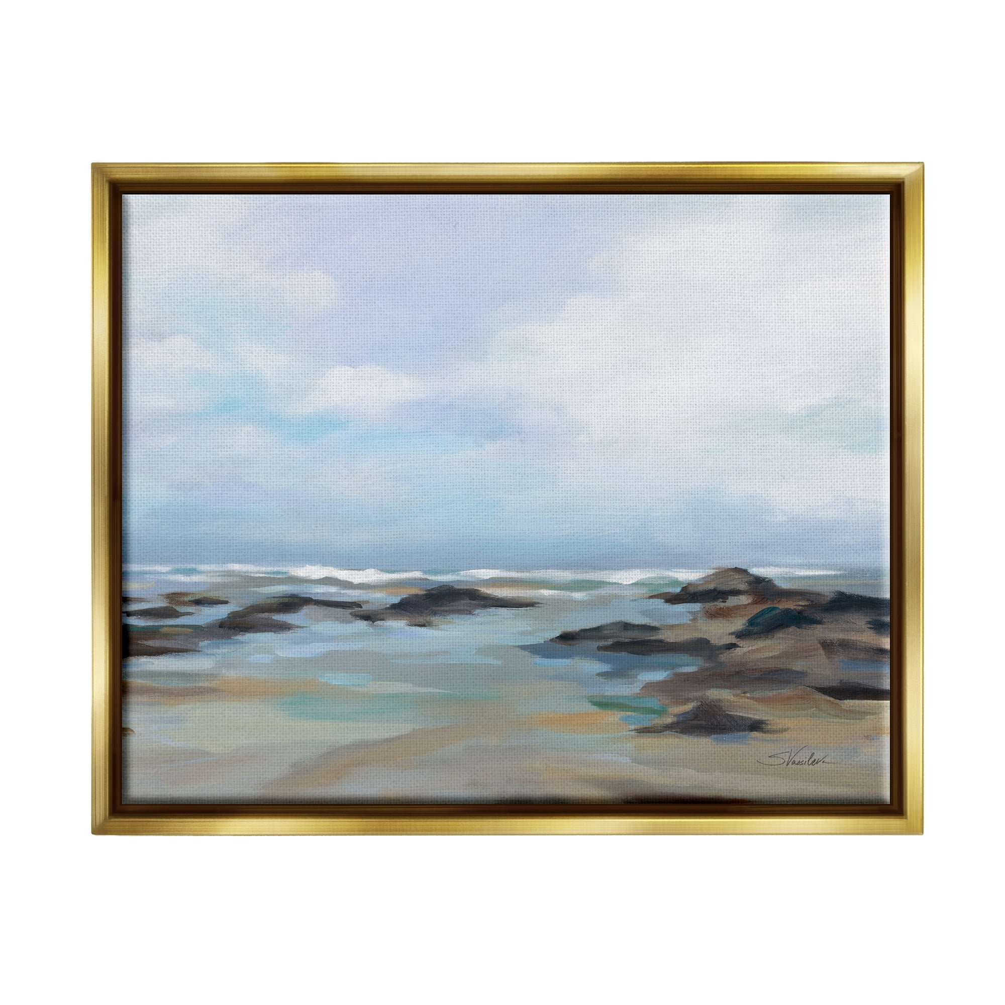 Stupell Industries Morning Beach Painting Nature Painting Gold Floater Framed Art Print Wall Art, 31 x 25