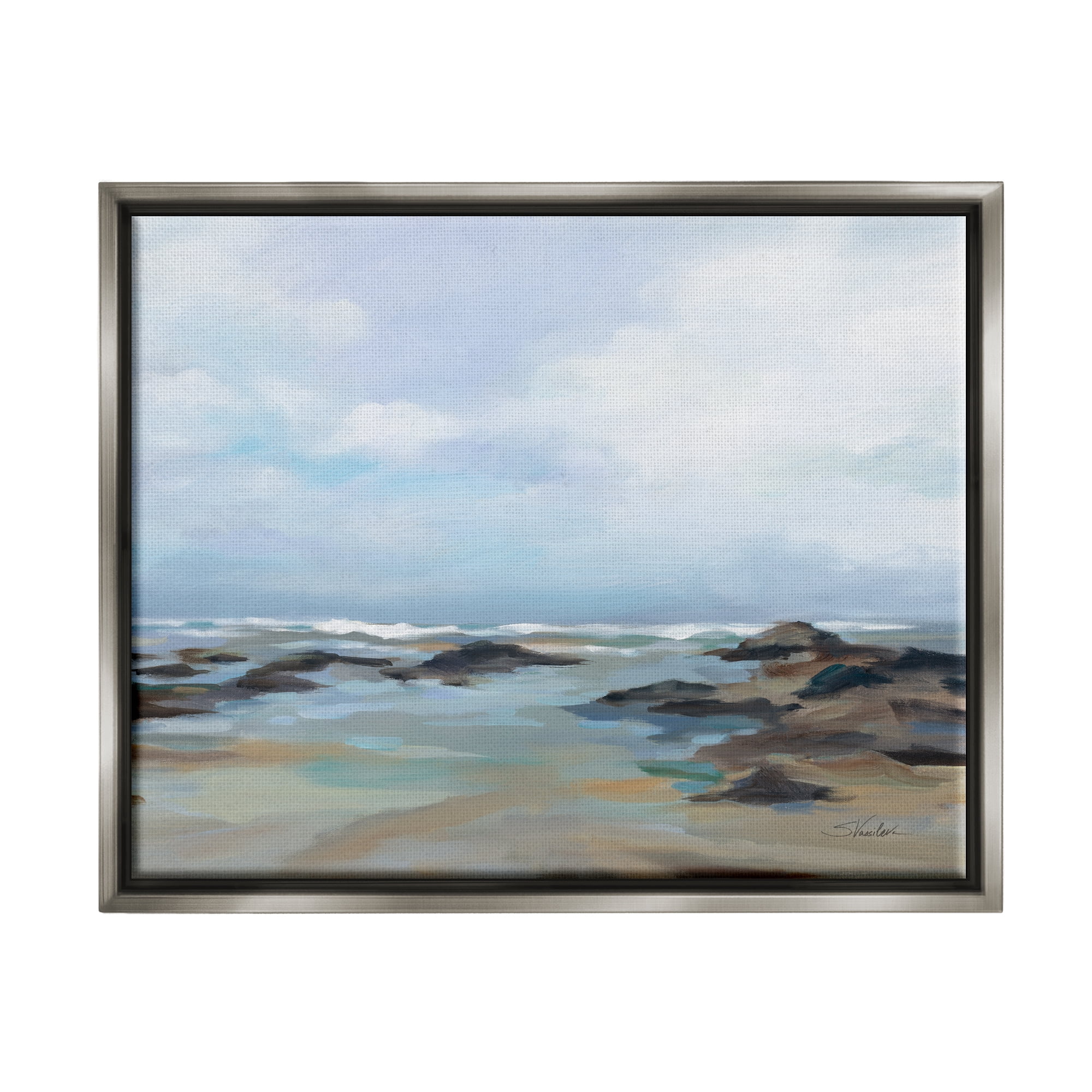 Stupell Industries Morning Beach Painting Nature Painting Gray Floater Framed Art Print Wall Art, 31 x 25