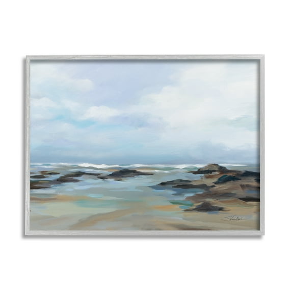 Stupell Industries Morning Beach Painting Nature Painting Gray Framed Art Print Wall Art, 14 x 11
