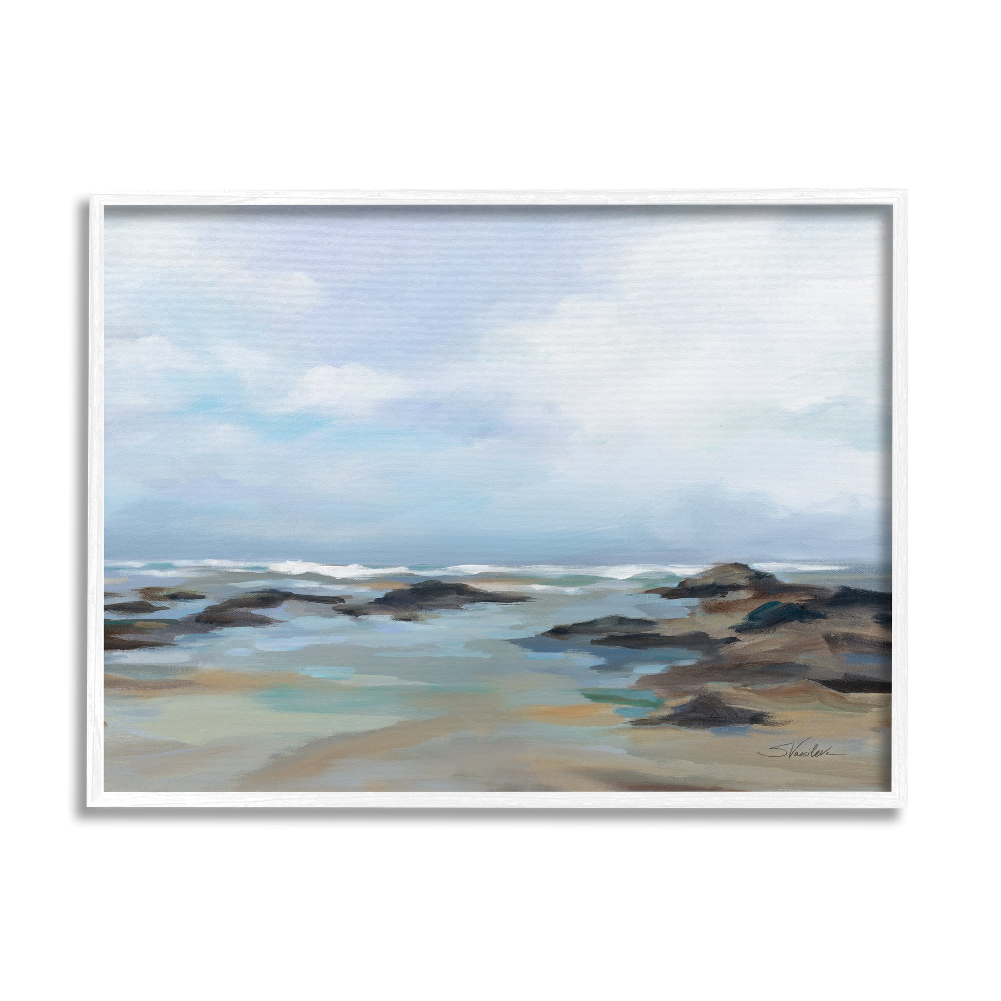 Stupell Industries Morning Beach Painting Nature Painting White Framed Art Print Wall Art, 14 x 11