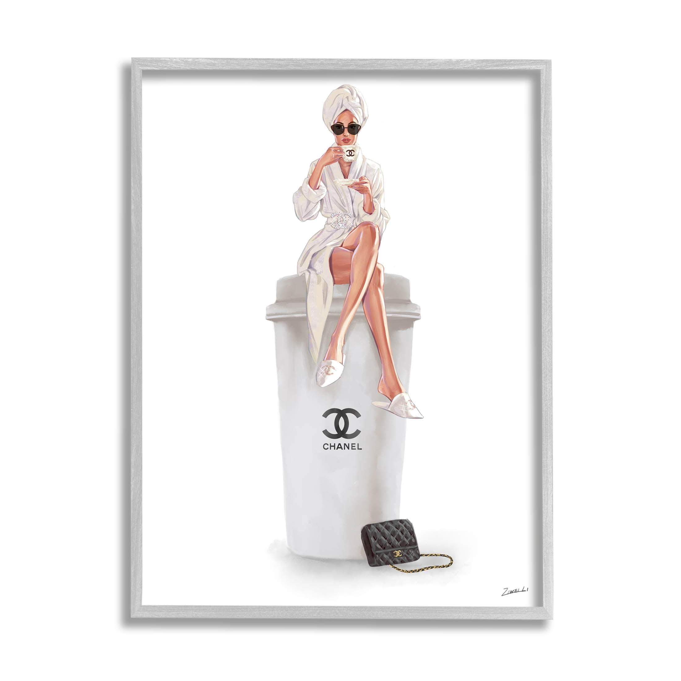 Stupell Industries Morning Brunch Glam Girl Sipping Coffee Graphic Art Gray Framed Art Print Wall Art, Design by Ziwei Li