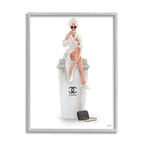 Stupell Industries Morning Brunch Glam Girl Sipping Coffee Graphic Art Gray Framed Art Print Wall Art, Design by Ziwei Li