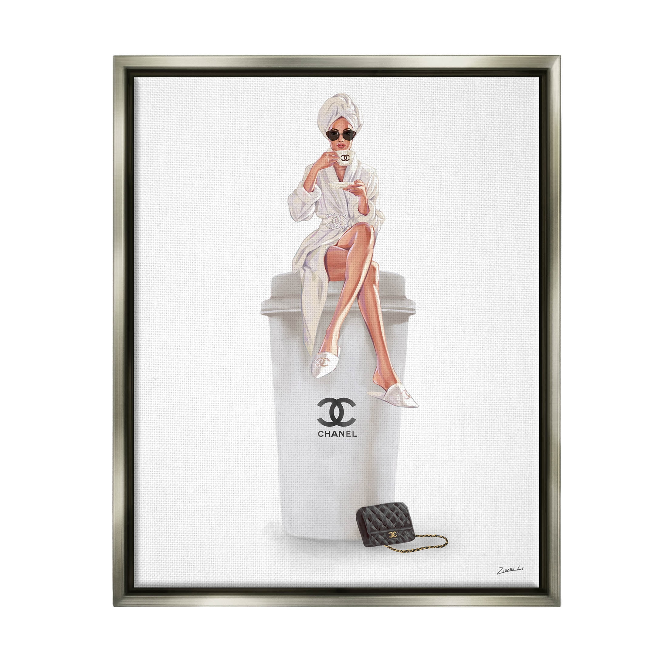 Stupell Industries Morning Brunch Glam Girl Sipping Coffee Graphic Art Luster Gray Floating Framed Canvas Print Wall Art, Design by Ziwei Li