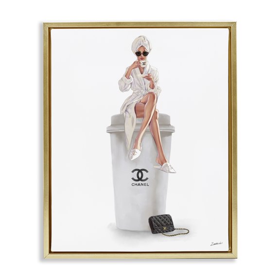 Stupell Industries Contemporary Morning Brunch Glam Girl Sipping Coffee Gold Floating Frame Canvas Art, 25 x 31, by Ziwei Li