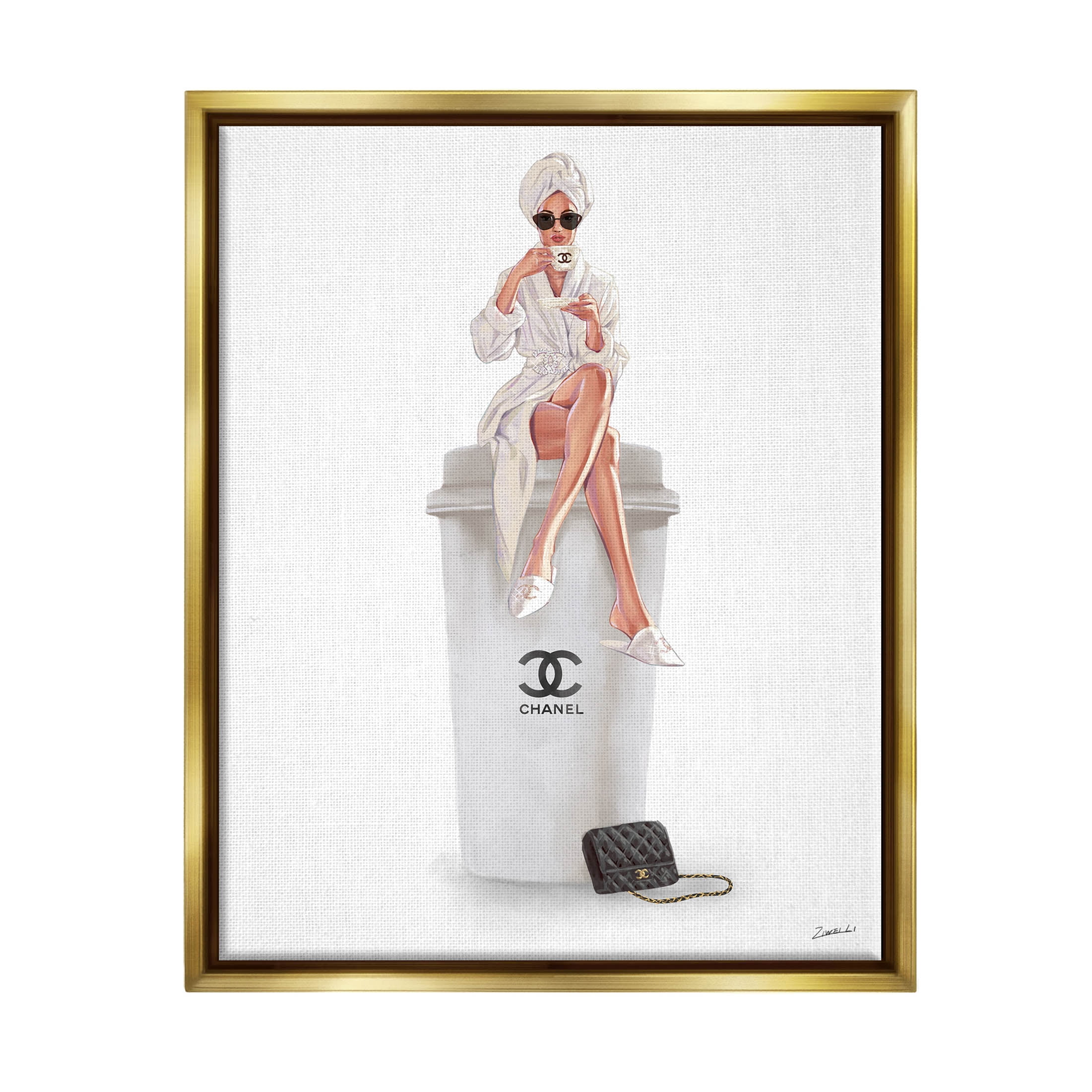 Stupell Industries Morning Brunch Glam Girl Sipping Coffee Graphic Art Metallic Gold Floating Framed Canvas Print Wall Art, Design by Ziwei Li