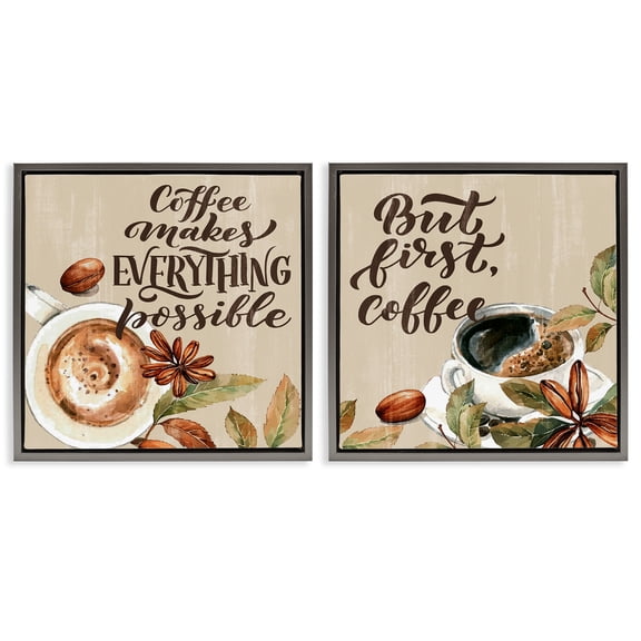 Stupell Industries Morning Coffee Classic Phrases Quotes and Sayings Painting Gray Floater Framed Canvas Art Print Wall Art, 18 x 18, Set of 2