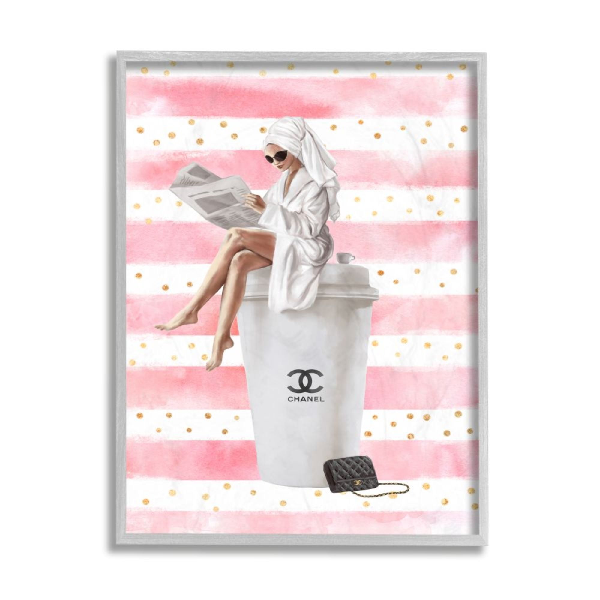 Stupell Industries Morning Coffee Fashionista Polka Dot Stripes Design by Ziwei Li, 11" x 14", Gray Framed