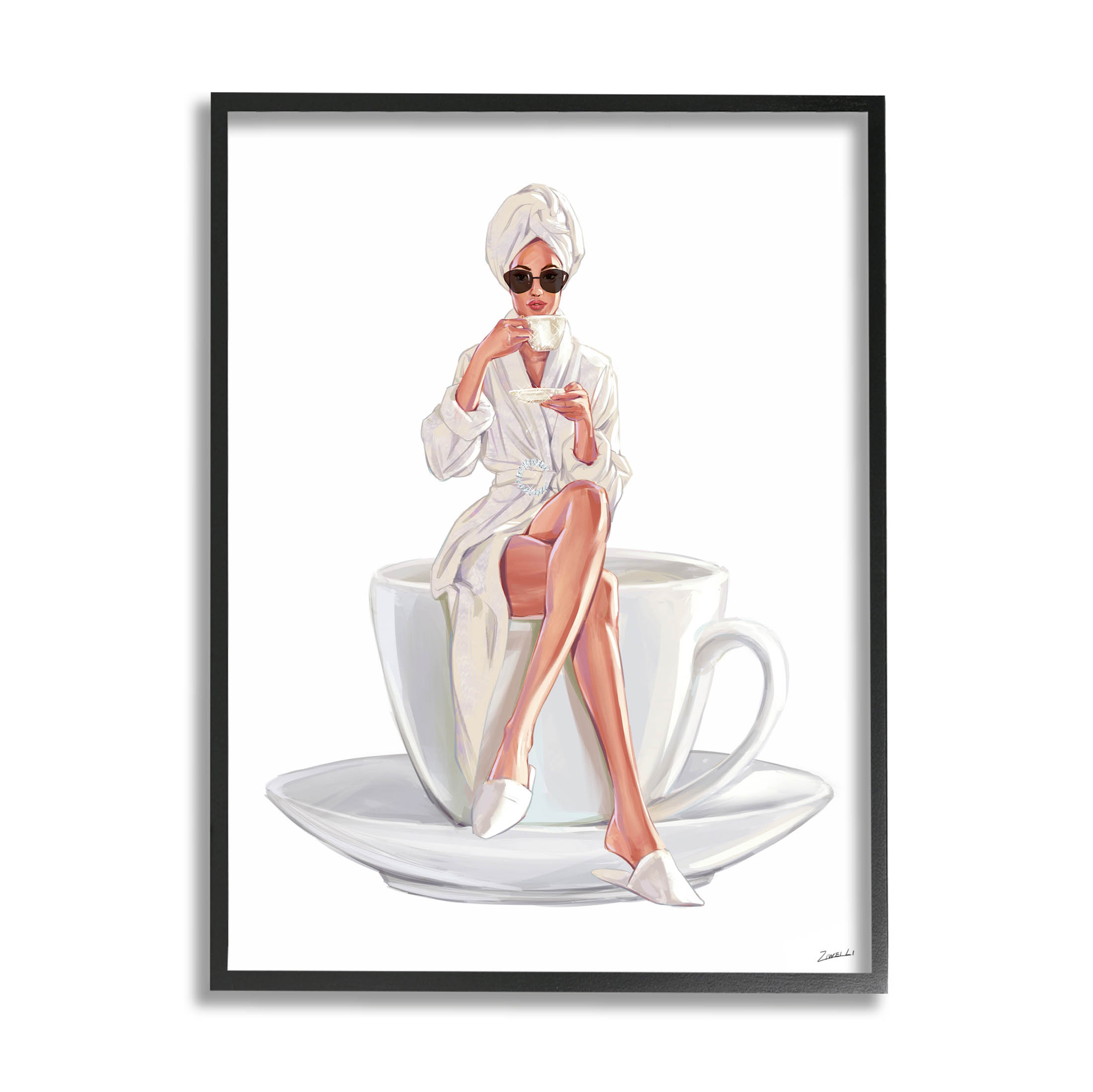 Stupell Industries Morning Coffee Glam Woman Robe Graphic Art Black Framed Art Print Wall Art, Design by Ziwei Li