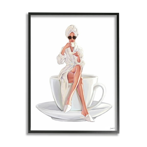Stupell Industries Morning Coffee Glam Woman Robe Graphic Art Black Framed Art Print Wall Art, Design by Ziwei Li