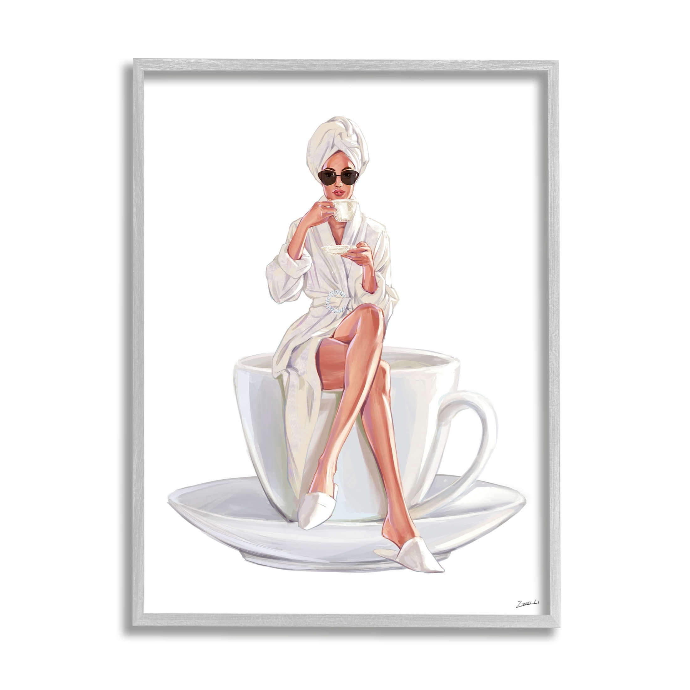 Stupell Industries Morning Coffee Glam Woman Robe Graphic Art Gray Framed Art Print Wall Art, Design by Ziwei Li